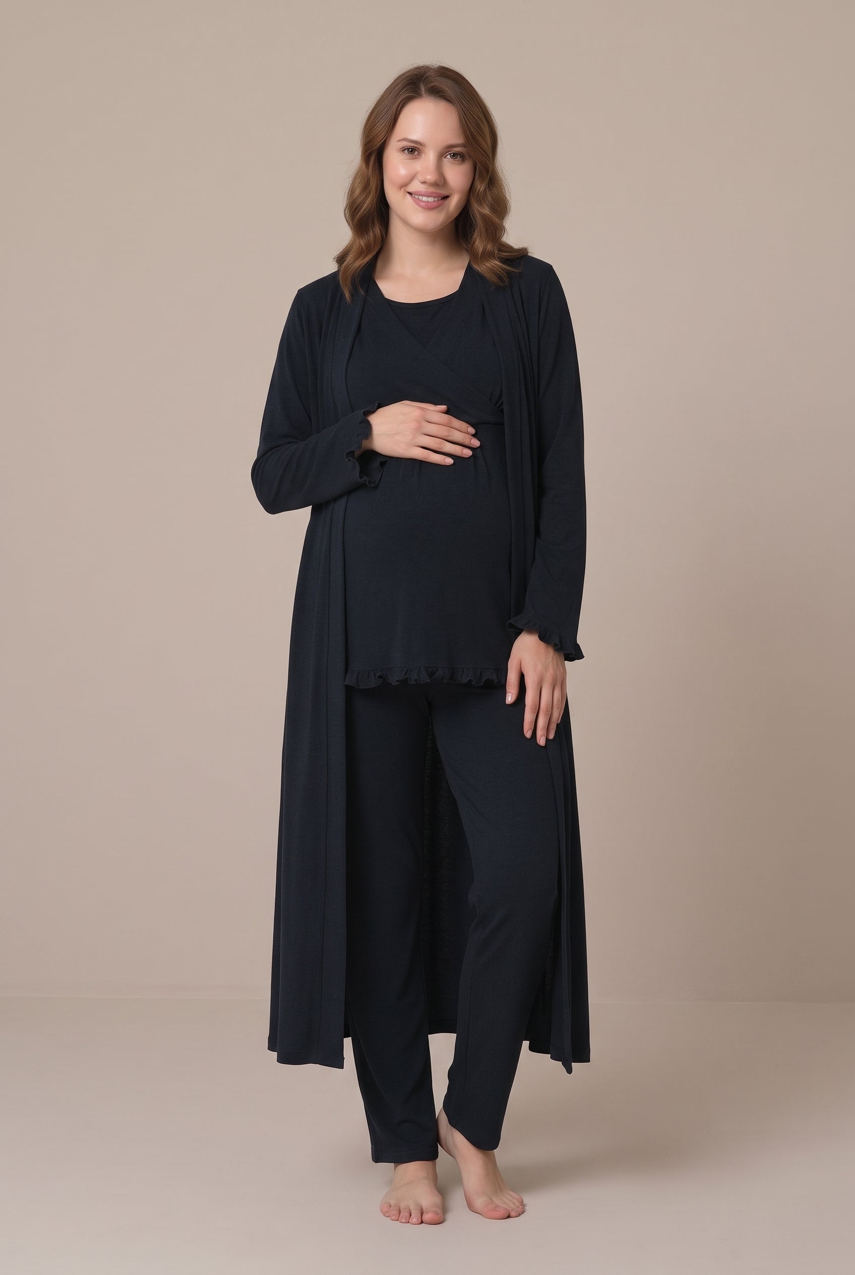 Şık Tasarım Kruvaze Yaka Emzirme Kolaylıgı Saglayan Ayarlanabilir Bel Özellikli Pamuklu Lohusa Hamile Sabahlıklı Pijama Takımı 04044