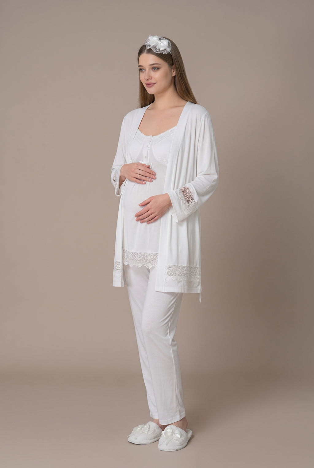 Şık Tasarım Dantel Detaylı Ayarlanabilir Bel Özellikli Emzirme Kolaylıgı Saglayan Pamuklu Lohusa Hamile Sabahlıklı Pijama Takımı 06045