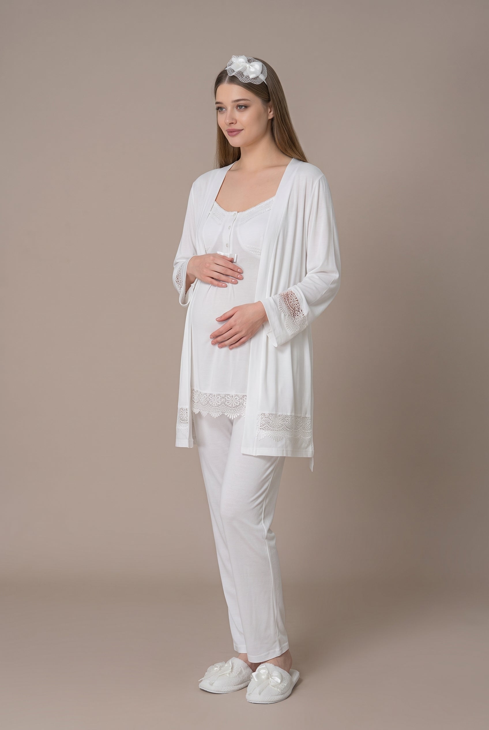 Şık Tasarım Dantel Detaylı Ayarlanabilir Bel Özellikli Emzirme Kolaylıgı Saglayan Pamuklu Lohusa Hamile Sabahlıklı Pijama Takımı 06045