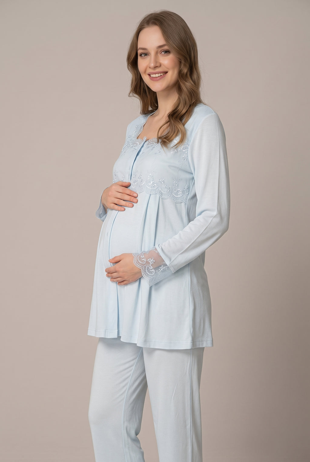 Şık Tasarım Dantel Detaylı Emzirme Kolaylıgı Saglayan Ayarlanabilir Bel Özellikli Pamuklu Pijama Takımı 02403