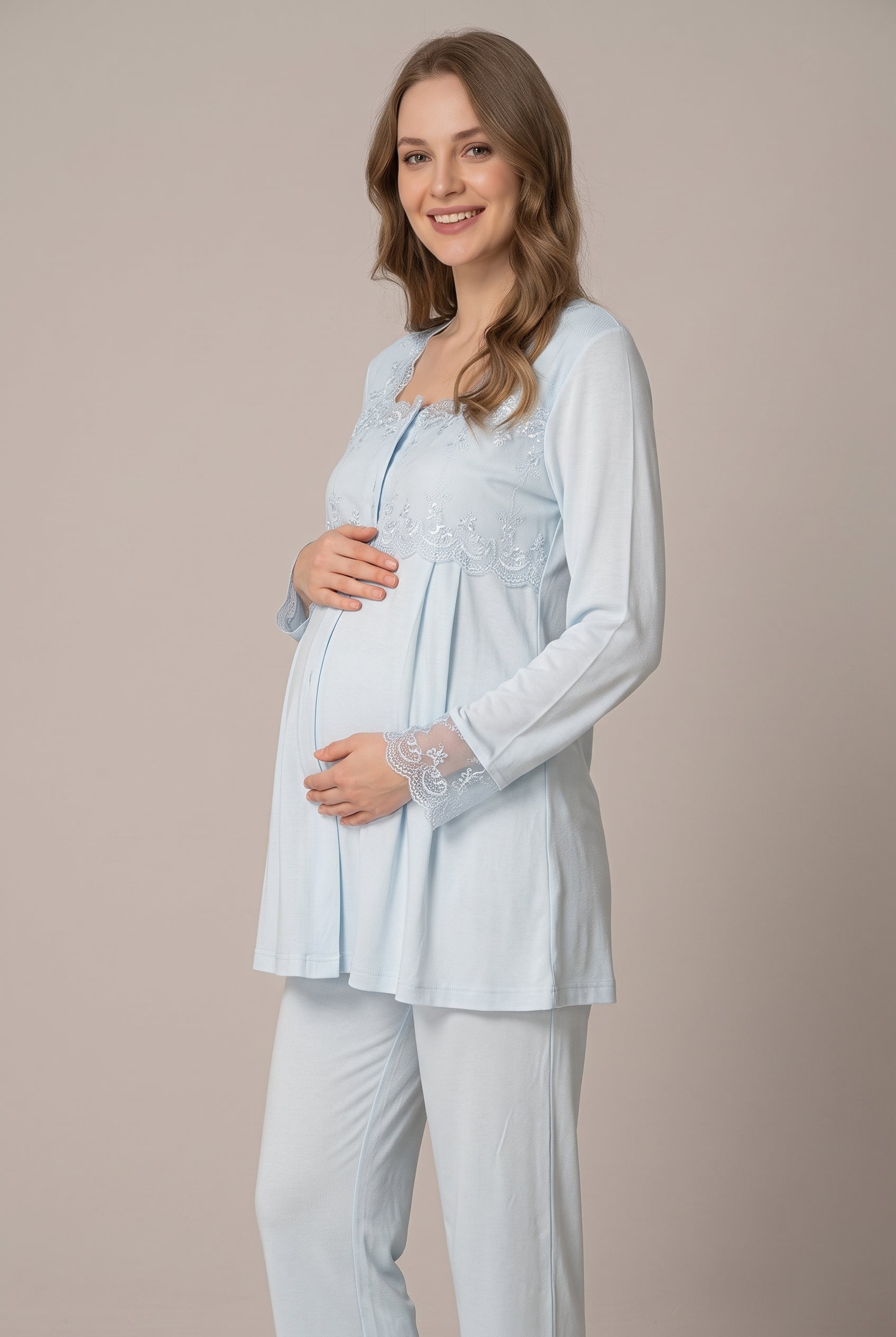Şık Tasarım Dantel Detaylı Emzirme Kolaylıgı Saglayan Ayarlanabilir Bel Özellikli Pamuklu Pijama Takımı 02403