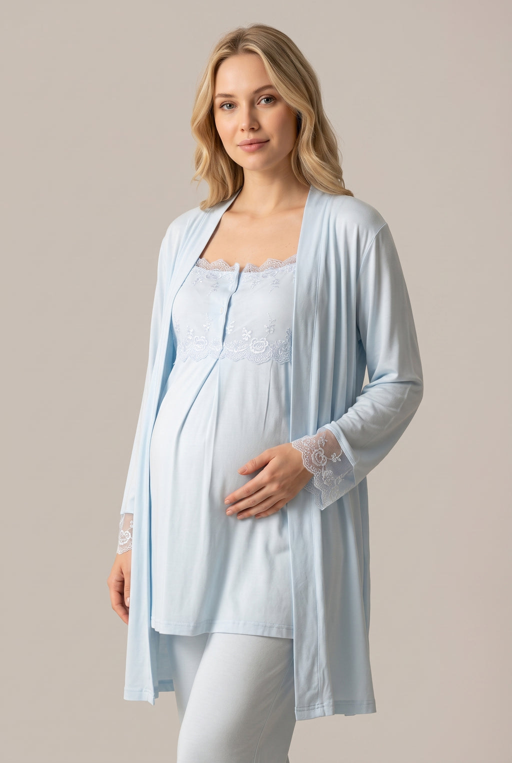 Şık Tasarım Dantel Detaylı Ayarlanabilir Bel Özellikli Pamuklu Lohusa Hamile Sabahlıklı Pijama Seti 02301