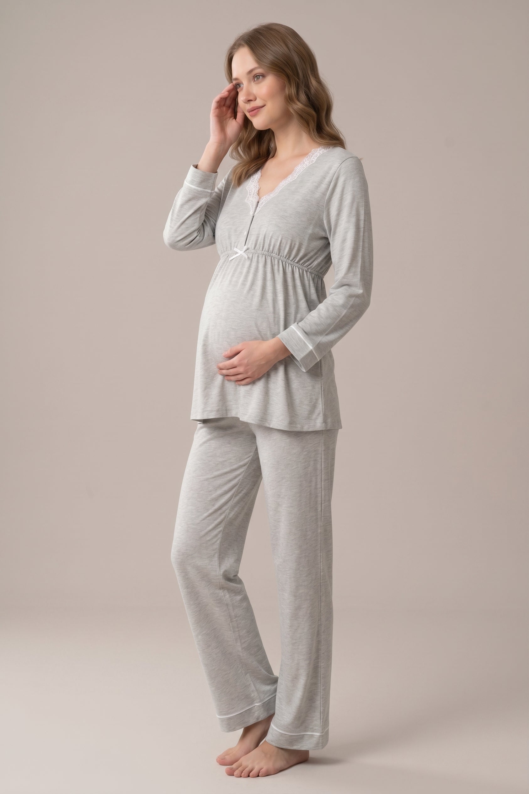 Şık Tasarım Dantel Detaylı Ayarlanabilir Bel Özellikli Pamuklu Lohusa Hamile Pijama Takımı 03052