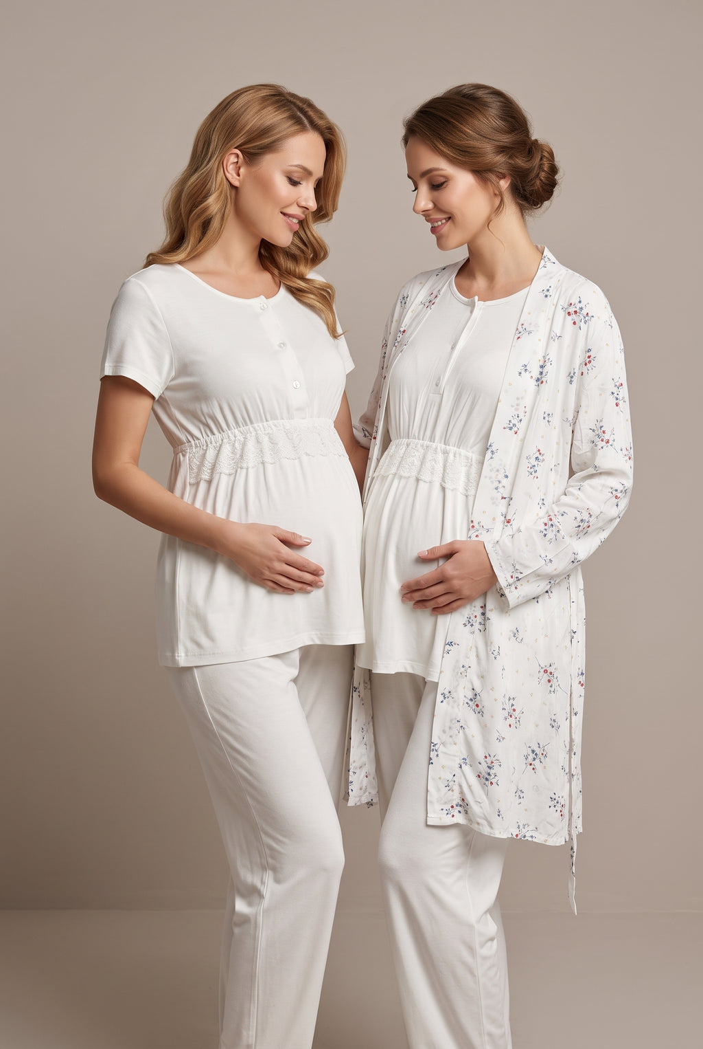 Şık Tasarım Desenli Dantel Detaylı Dokuma Lohusa Hamile Sabahlıklı 3'Lü Pijama Seti H01
