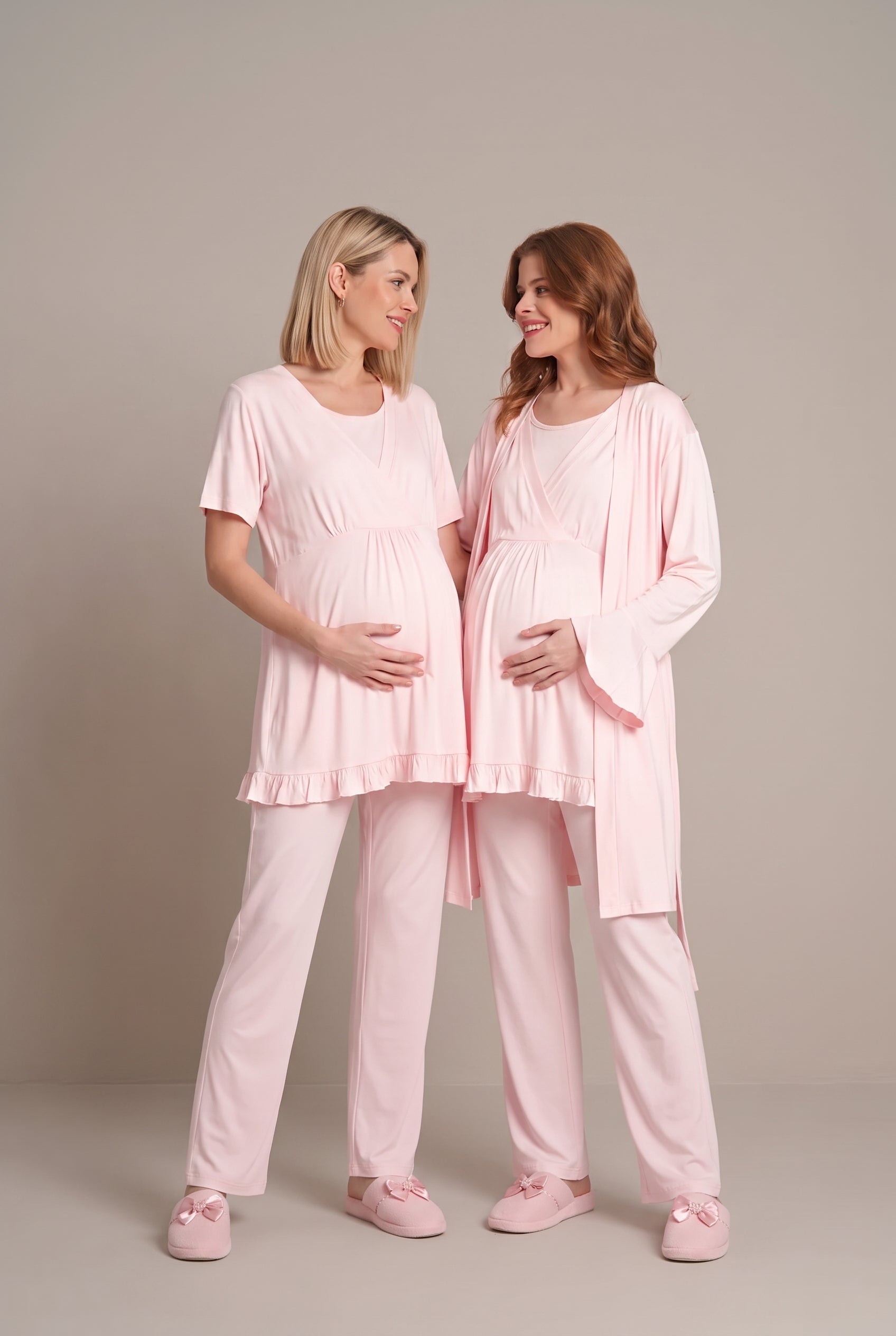 Şık Tasarım Kruvaze Yaka Pamuklu Ayarlanabilir Bel Özellikli Lohusa Hamile Sabahlıklı Pijama Seti 2364