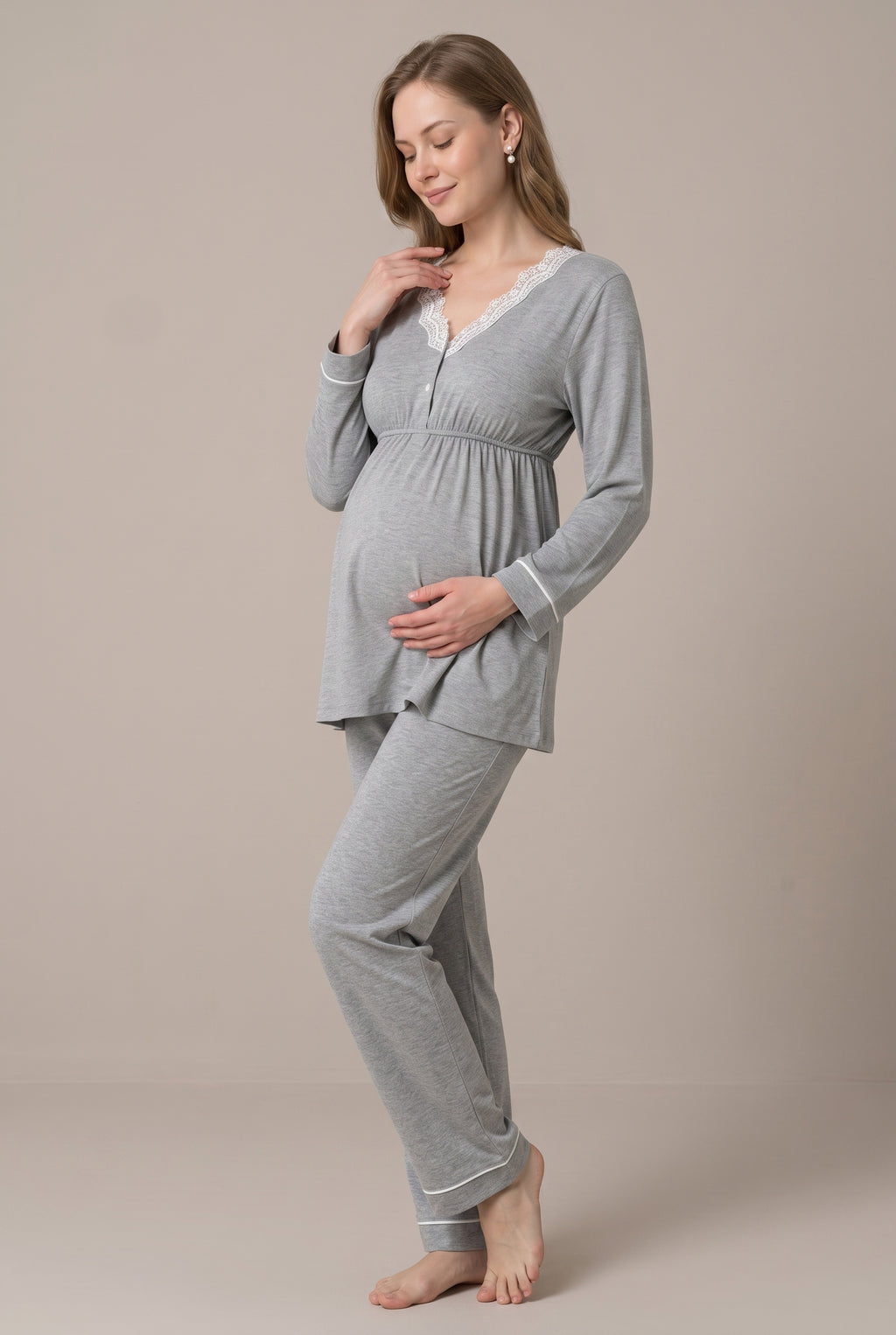 Şık Tasarım Dantel Detaylı Ayarlanabilir Bel Özellikli Pamuklu Lohusa Hamile Pijama Takımı 03052