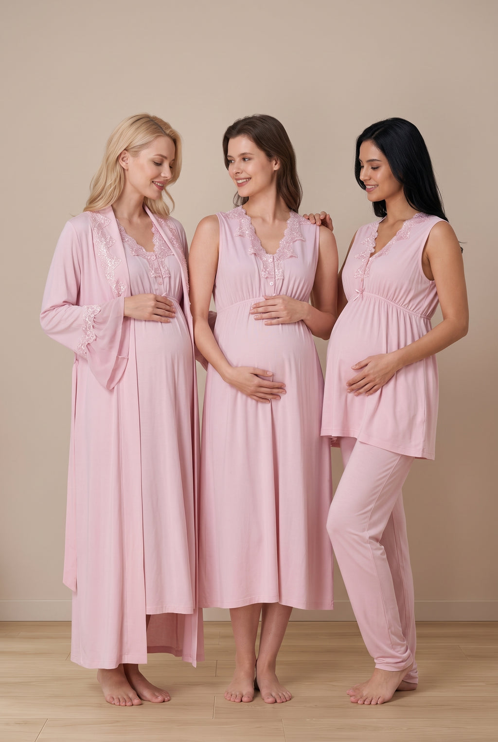 Şık Tasarım Dantelli Ayarlanabilir Bel Ve Emzirme Özellikli Pamuklu Lohusa Hamile Sabahlıklı Gecelik Pijama Seti 05066
