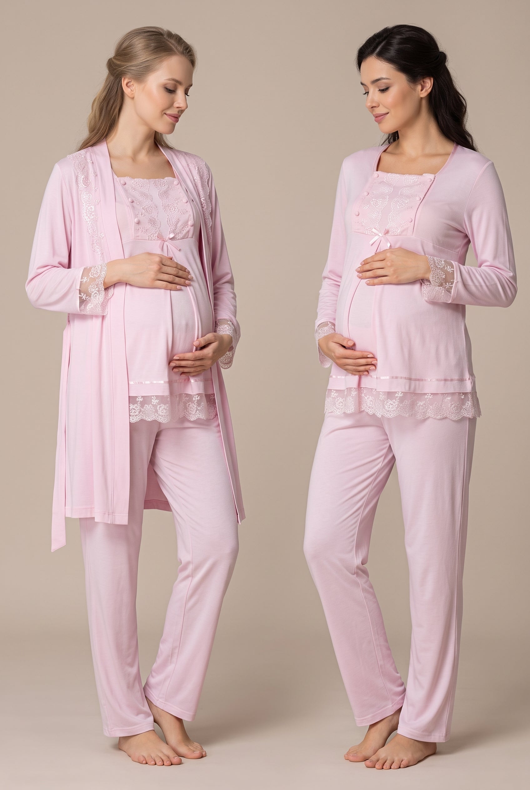Şık Tasarım Dantel Detaylı Emzirme Kolaylıgı Saglayan Ayarlanabilir Bel Özellikli Pamuklu Lohusa Hamile Sabahlıklı Pijama Takımı 03044