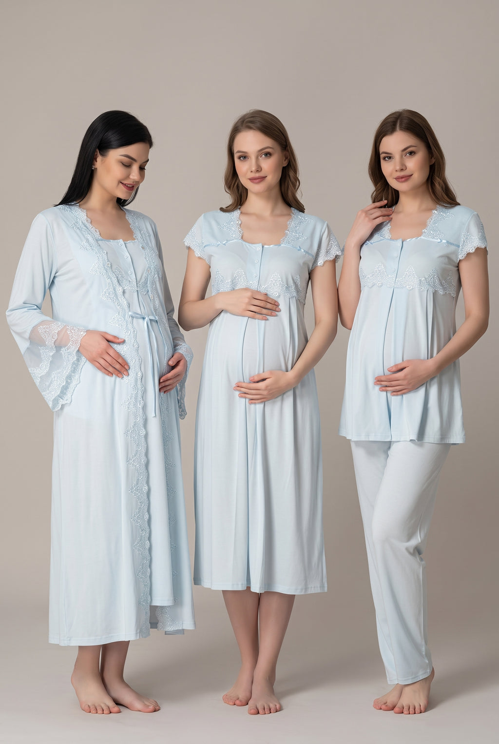 Şık Tasarım Volan Kol Dantelli Ayarlanabilir Bel Özellikli Lohusa Hamile Sabahlık Gecelik Pijama 4'Lü Set 05010