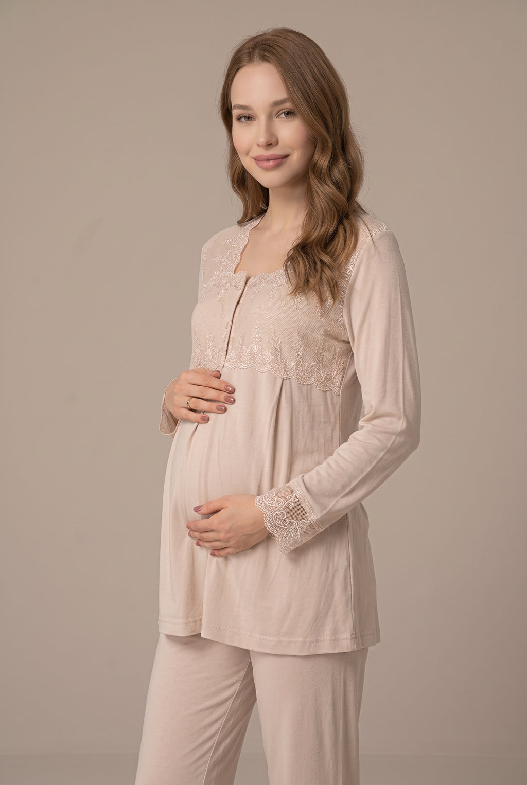 Şık Tasarım Dantel Detaylı Emzirme Kolaylıgı Saglayan Ayarlanabilir Bel Özellikli Pamuklu Pijama Takımı 02403