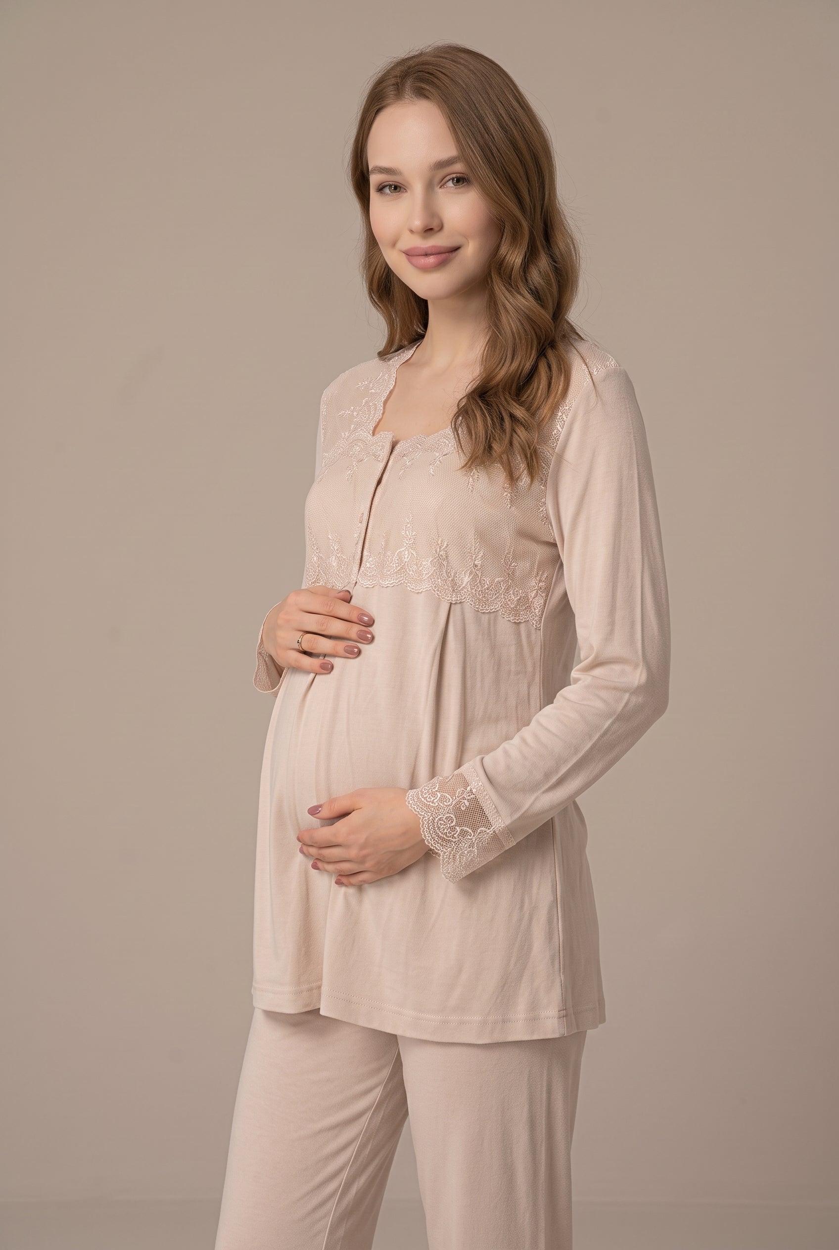 Şık Tasarım Dantel Detaylı Emzirme Kolaylıgı Saglayan Ayarlanabilir Bel Özellikli Pamuklu Pijama Takımı 02403
