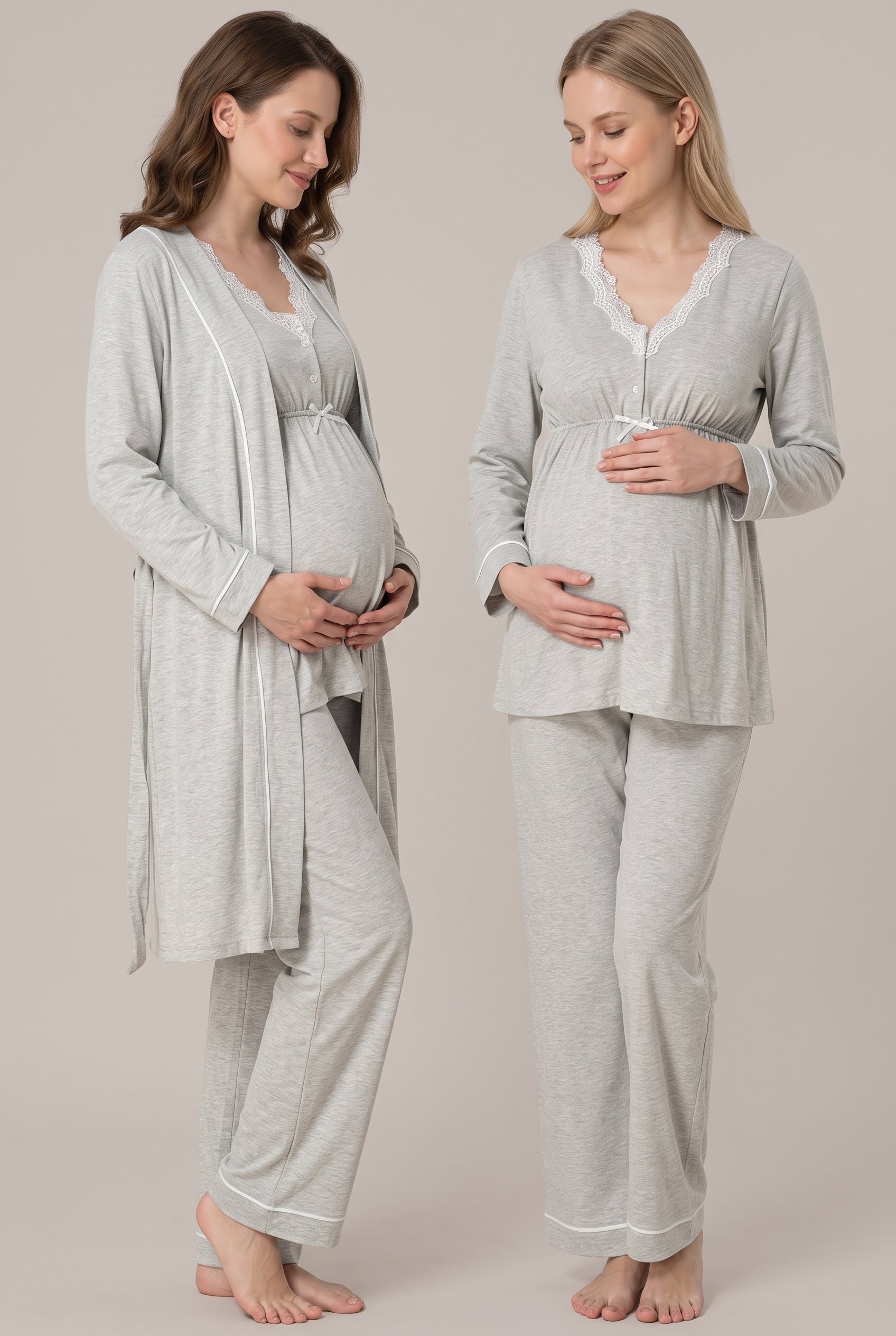 Şık Tasarım Dantel Detaylı Emzirme Kolaylıgı Saglayan Ayarlanabilir Bel Özellikli Pamuklu Lohusa Hamile Sabahlıklı Pijama Takımı 03054
