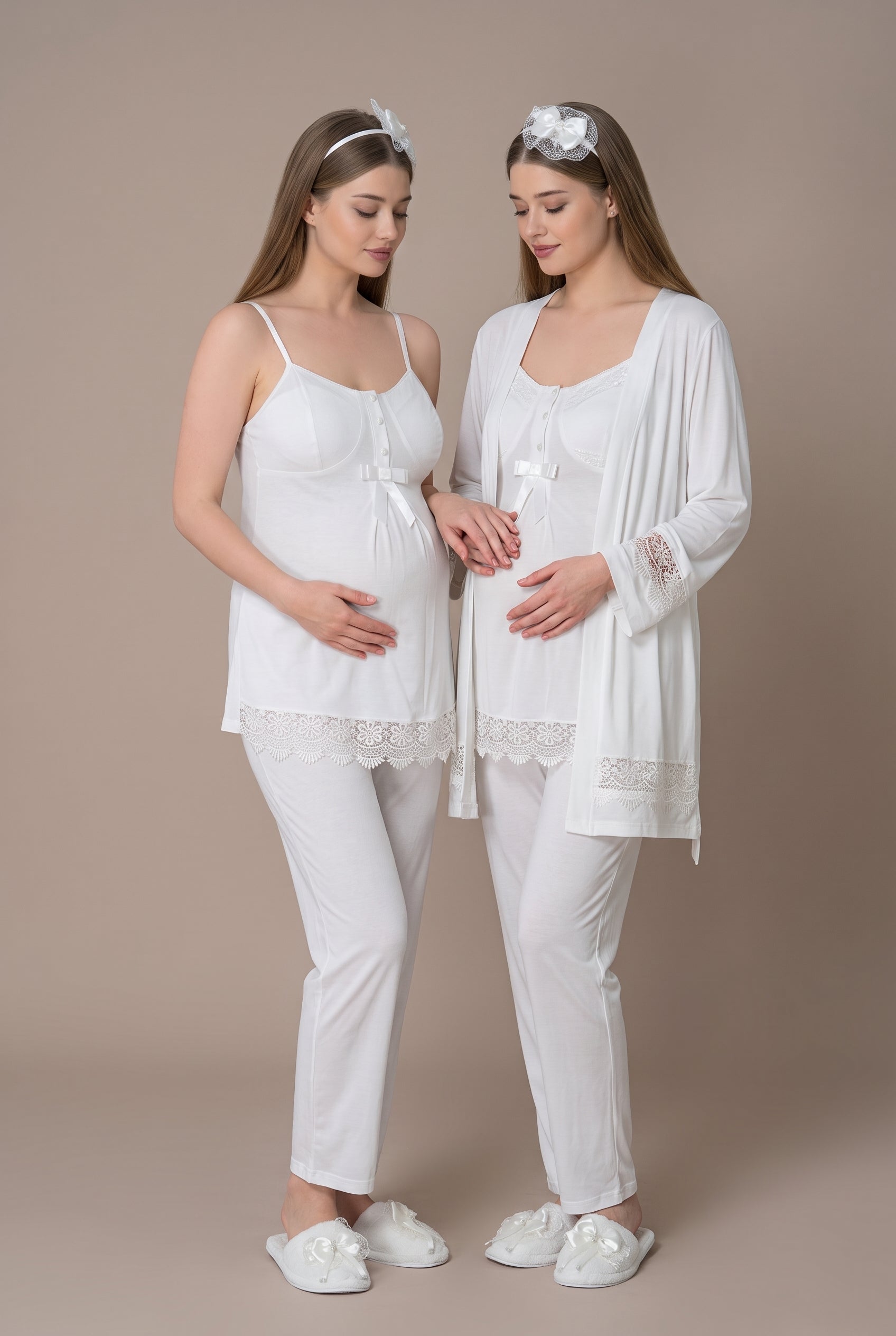 Şık Tasarım Dantel Detaylı Ayarlanabilir Bel Özellikli Emzirme Kolaylıgı Saglayan Pamuklu Lohusa Hamile Sabahlıklı Pijama Takımı 06045