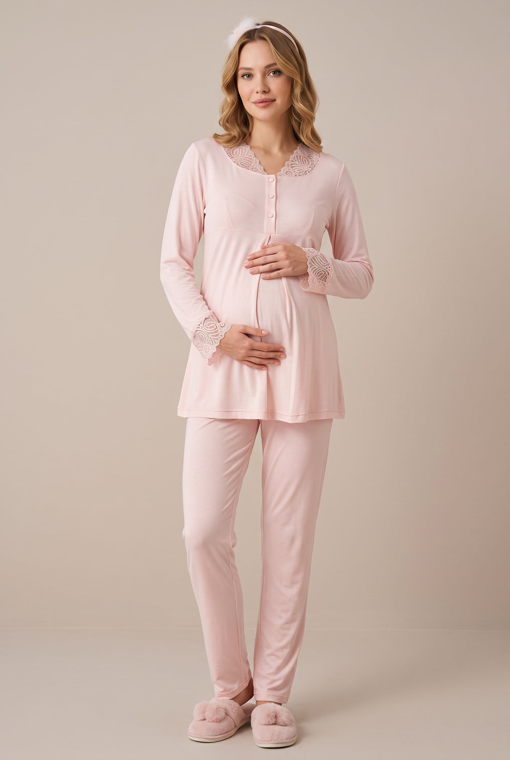 Şık Tasarım Dantel Detaylı Emzirme Kolaylıgı Saglayan Pamuklu Lohusa Hamile Pijama Takımı 05808