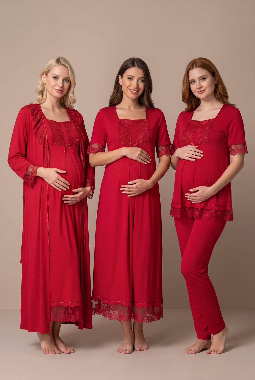 Şık Tasarım Emzirme Ve Ayarlanabilir Bel Özellikli Pamuklu Lohusa Hamile Sabahlık Gecelik Pijama 4'Set 06036