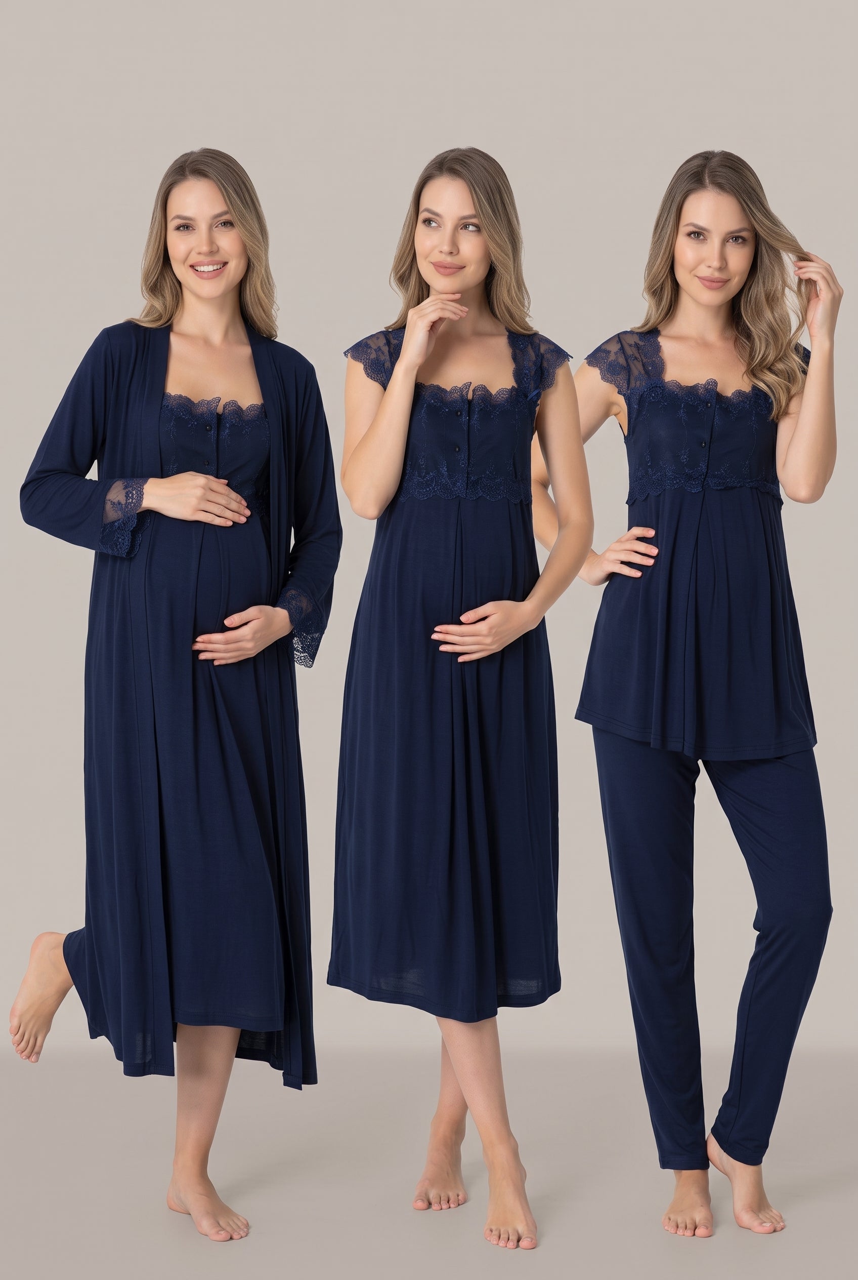 Şık Tasarım Askılı Ayarlanabilir Bel Özellikli Lohusa Hamile Sabahlık Gecelik Pijama 4'Lü Set 02305