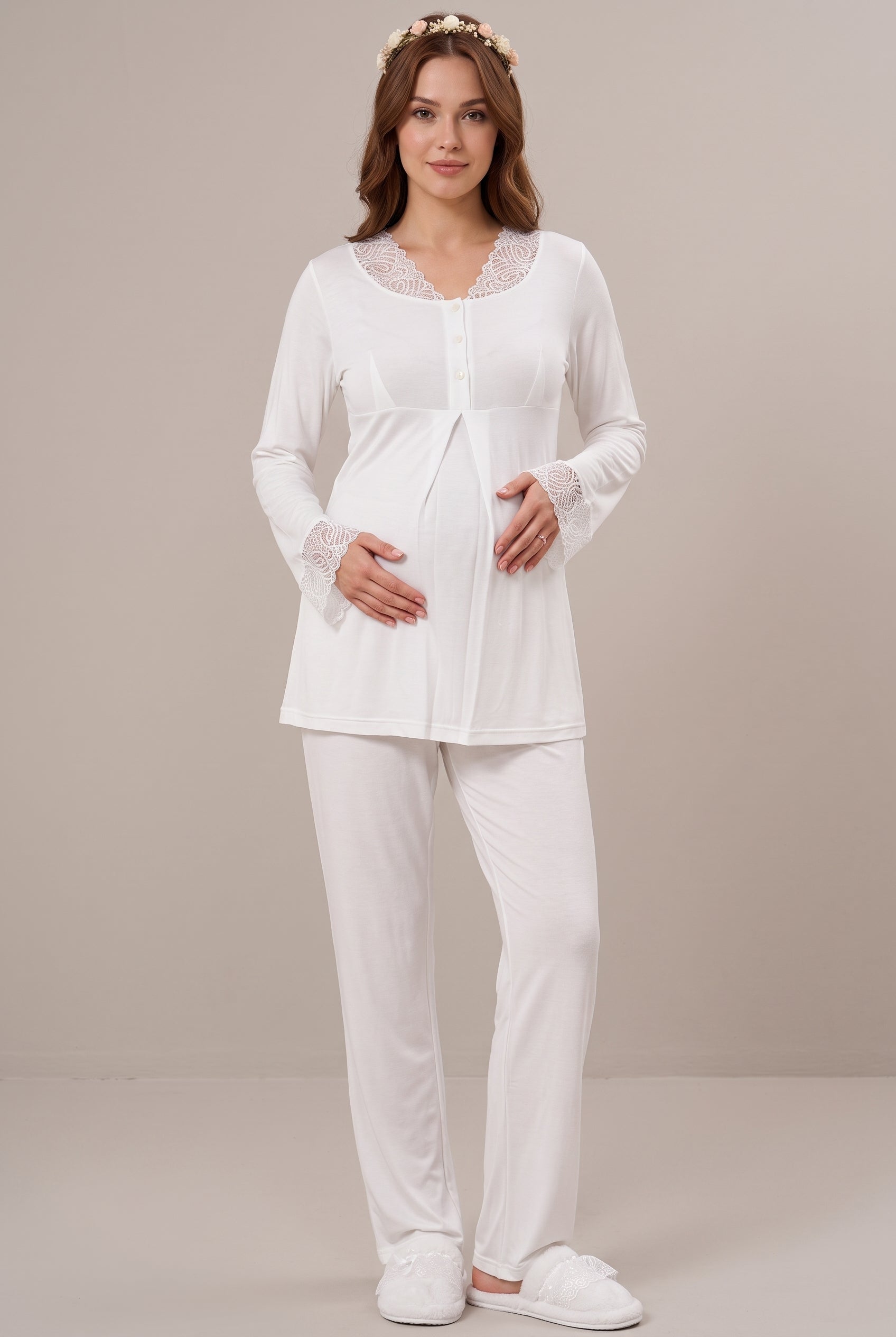 Şık Tasarım Dantel Detaylı Emzirme Kolaylıgı Saglayan Pamuklu Lohusa Hamile Pijama Takımı 05808