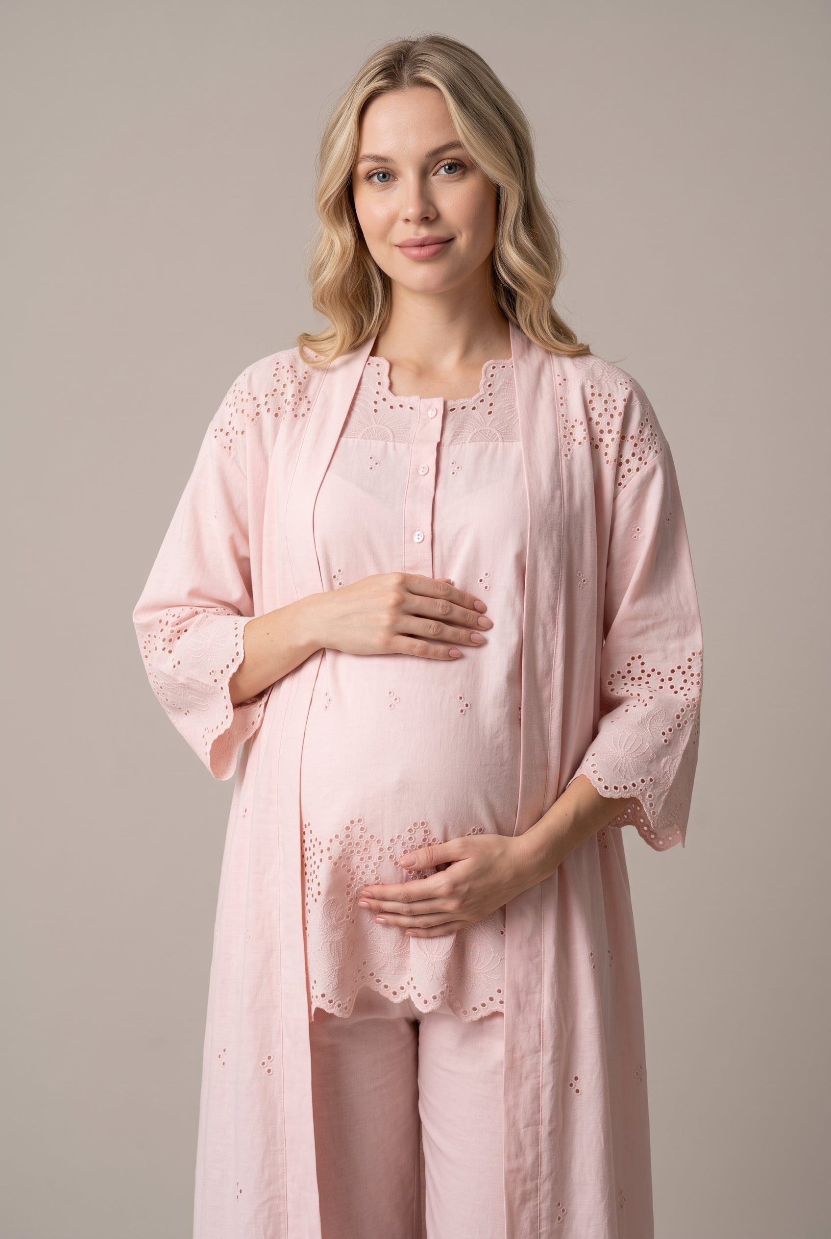 Şık Tasarım Fisto Keten Ayarlanabilir Bel Özellikli Lohusa Hamile Sabahlıklı 3'Lü Pijama Seti 09024