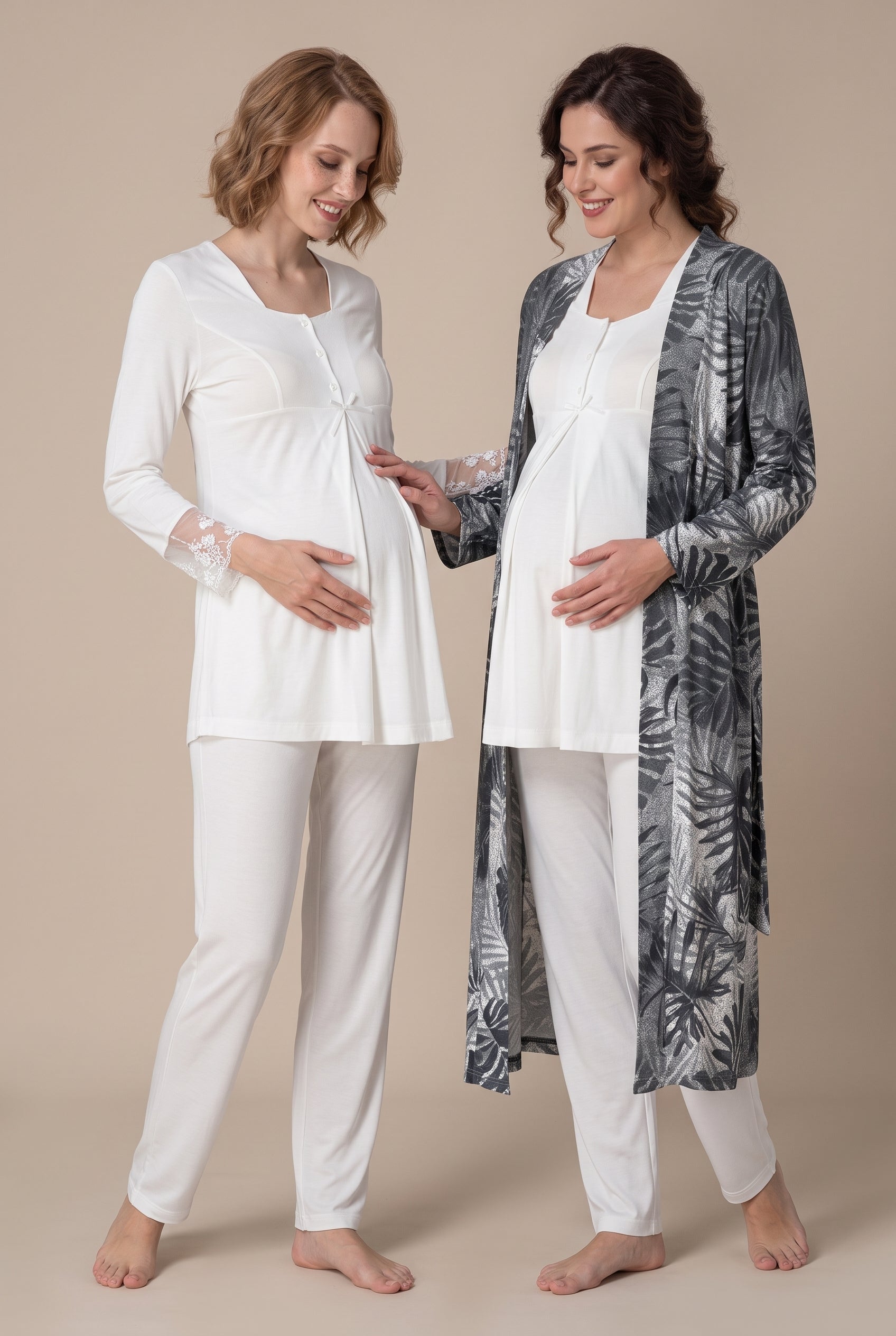 Şık Tasarım Desenli Dantel Detaylı Emzirme Kolaylıgı Saglayan Ayarlanabilir Bel Özellikli Pamuklu Lohusa Hamile Sabahlıklı Pijama Takımı 09044