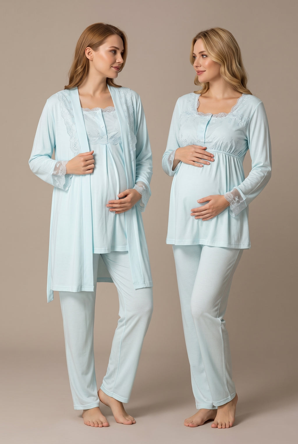 Şık Tasarım Dantel Detaylı Ayarlanabilir Bel Özellikli Pamuklu Lohusa Hamile Sabahlıklı Pijama Takımı 02401