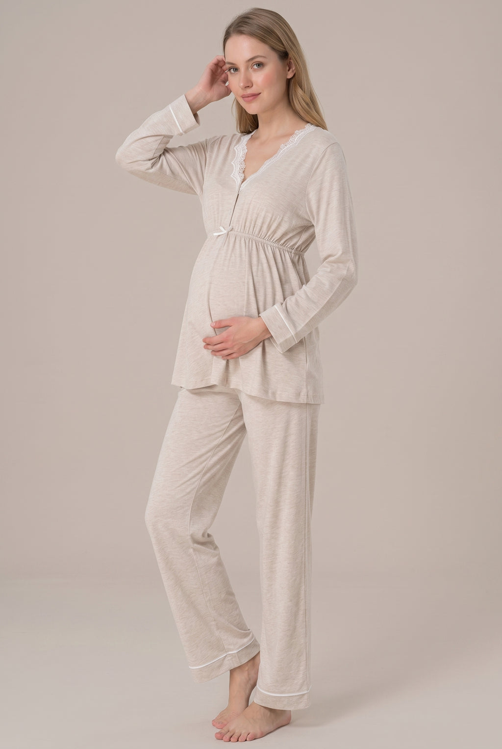Şık Tasarım Dantel Detaylı Ayarlanabilir Bel Özellikli Pamuklu Lohusa Hamile Pijama Takımı 03052