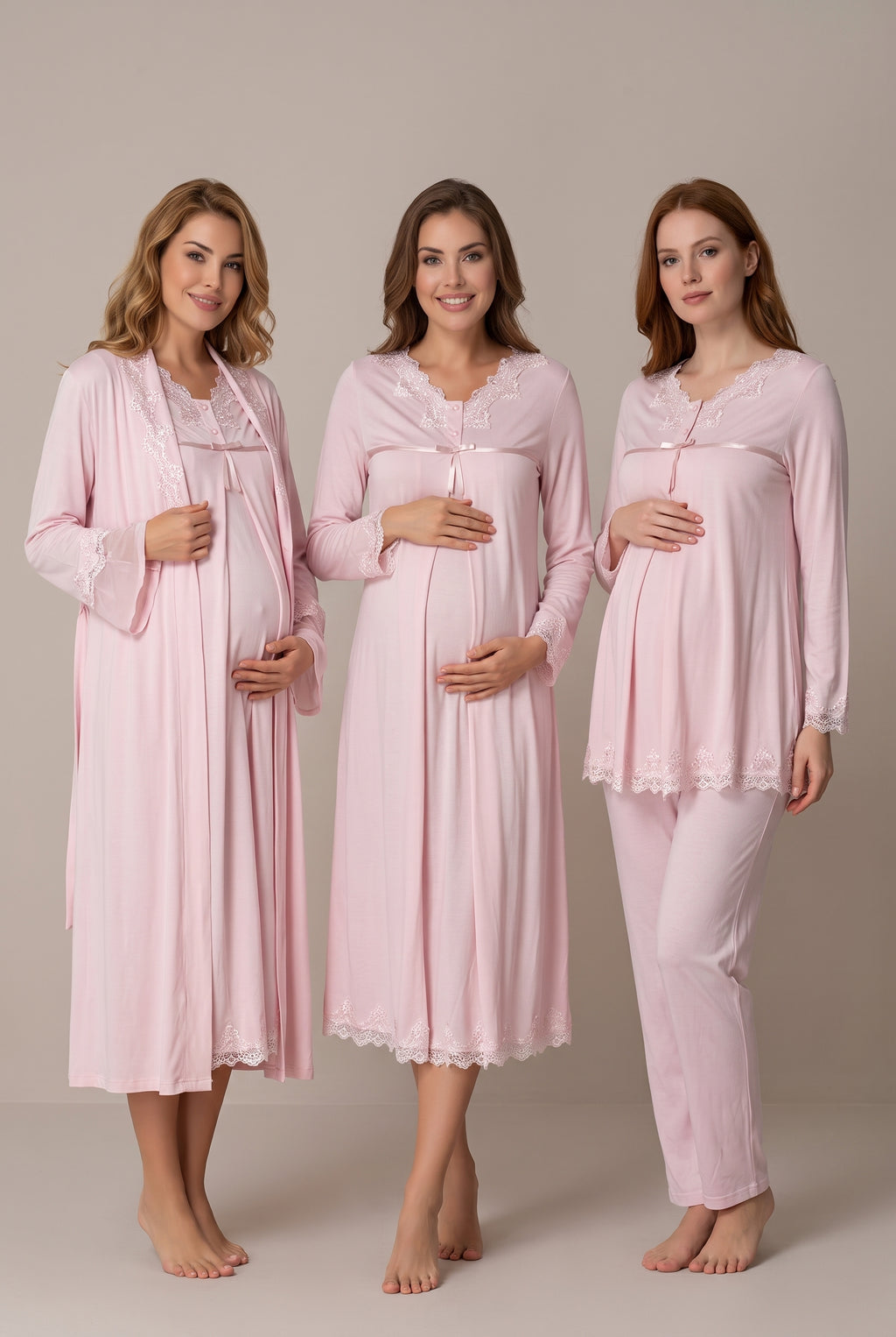 Şık Tasarım Volan Kollu Ayarlanabilir Bel Özellikli Emzirme Kolaylıgı Saglayan Lohusa Hamile Sabahlıklı Gecelik Pijama Seti 07036