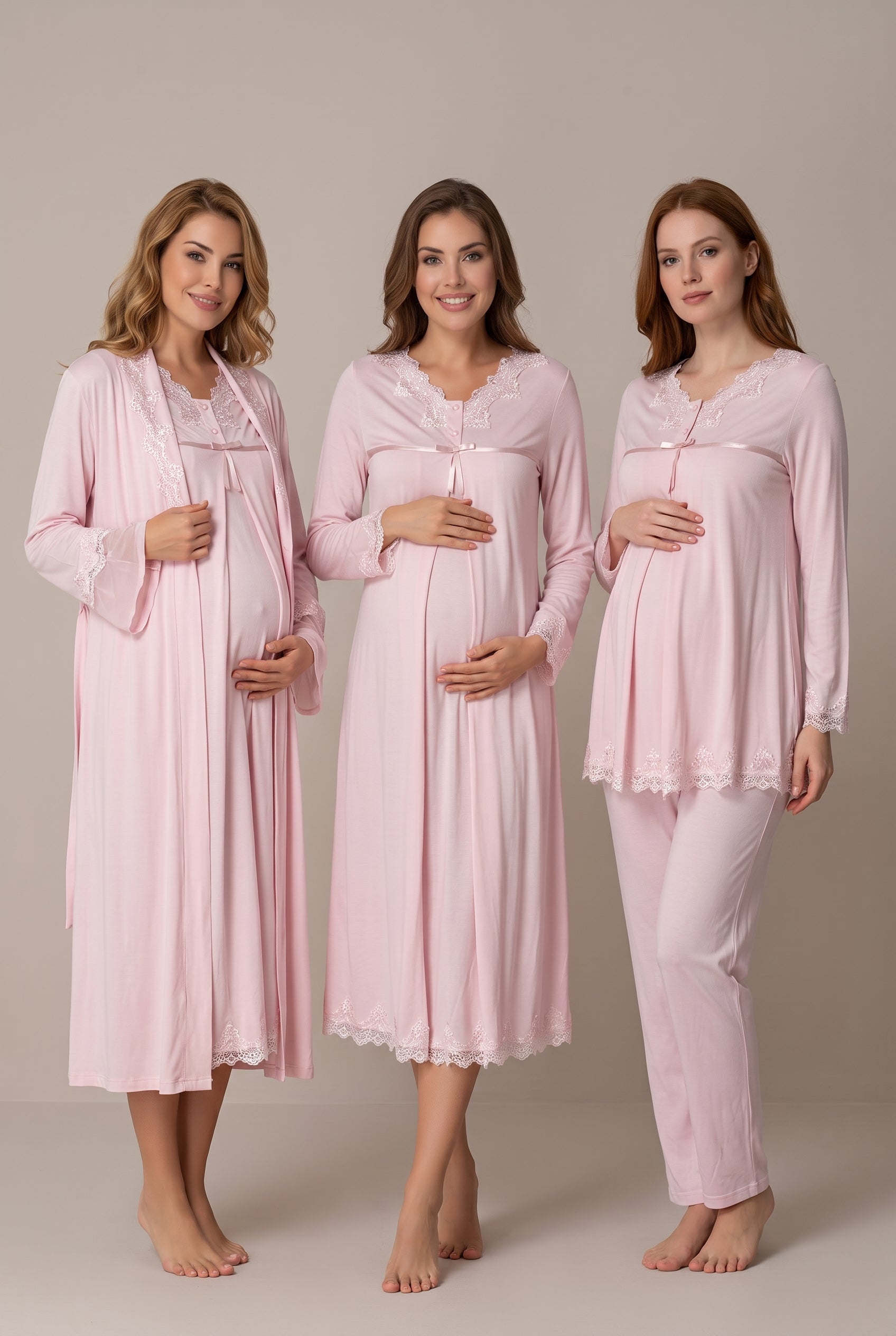 Şık Tasarım Volan Kollu Ayarlanabilir Bel Özellikli Emzirme Kolaylıgı Saglayan Lohusa Hamile Sabahlıklı Gecelik Pijama Seti 07036