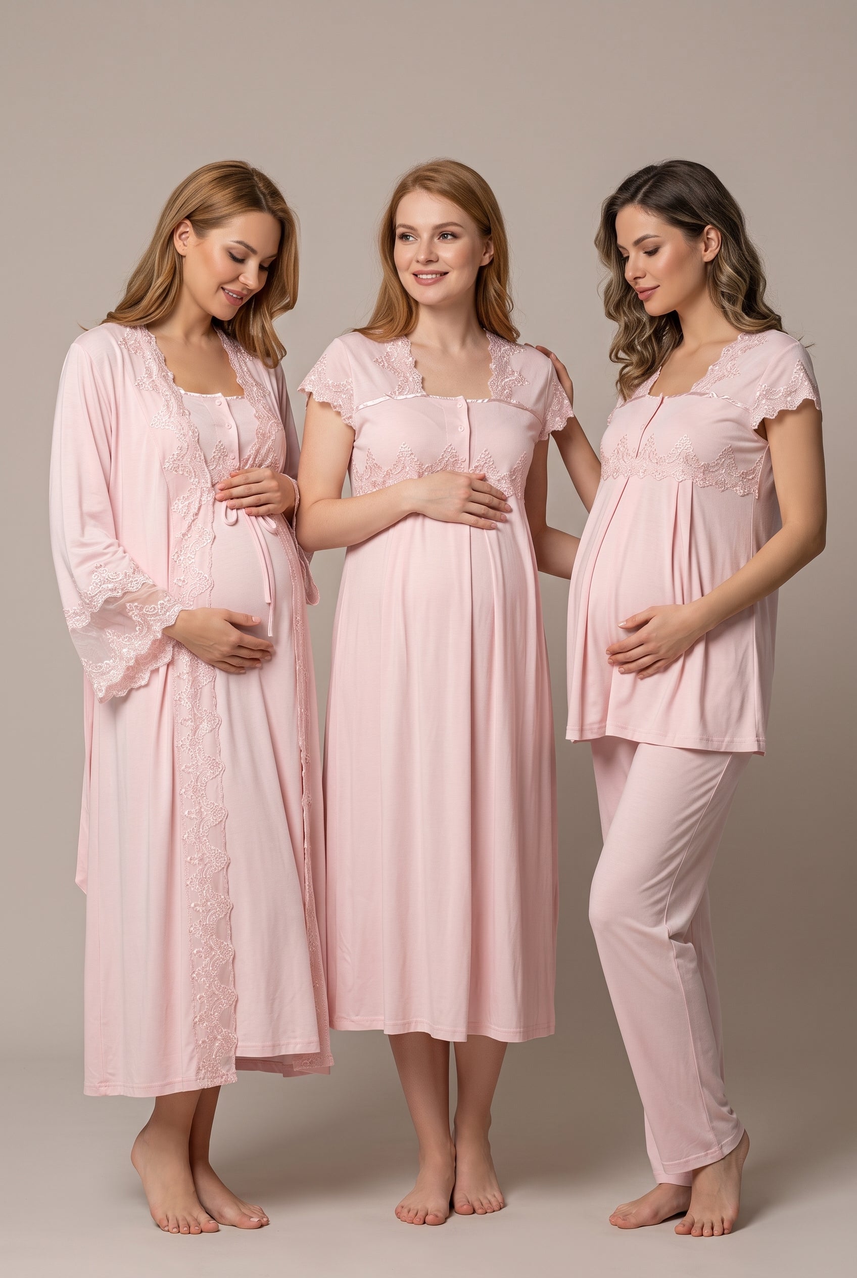 Şık Tasarım Volan Kol Dantelli Ayarlanabilir Bel Özellikli Lohusa Hamile Sabahlık Gecelik Pijama 4'Lü Set 05010