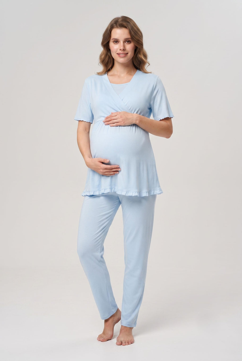 Şık Tasarım Kruvaze Yaka Ayarlanabilir Bel Özellikli Pamuklu Lohusa Hamile Pijama Takımı 03032