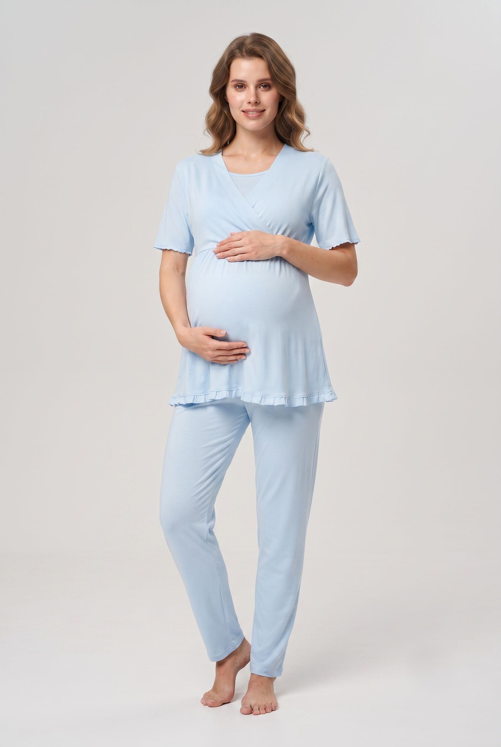 Şık Tasarım Kruvaze Yaka Ayarlanabilir Bel Özellikli Pamuklu Lohusa Hamile Pijama Takımı 03032