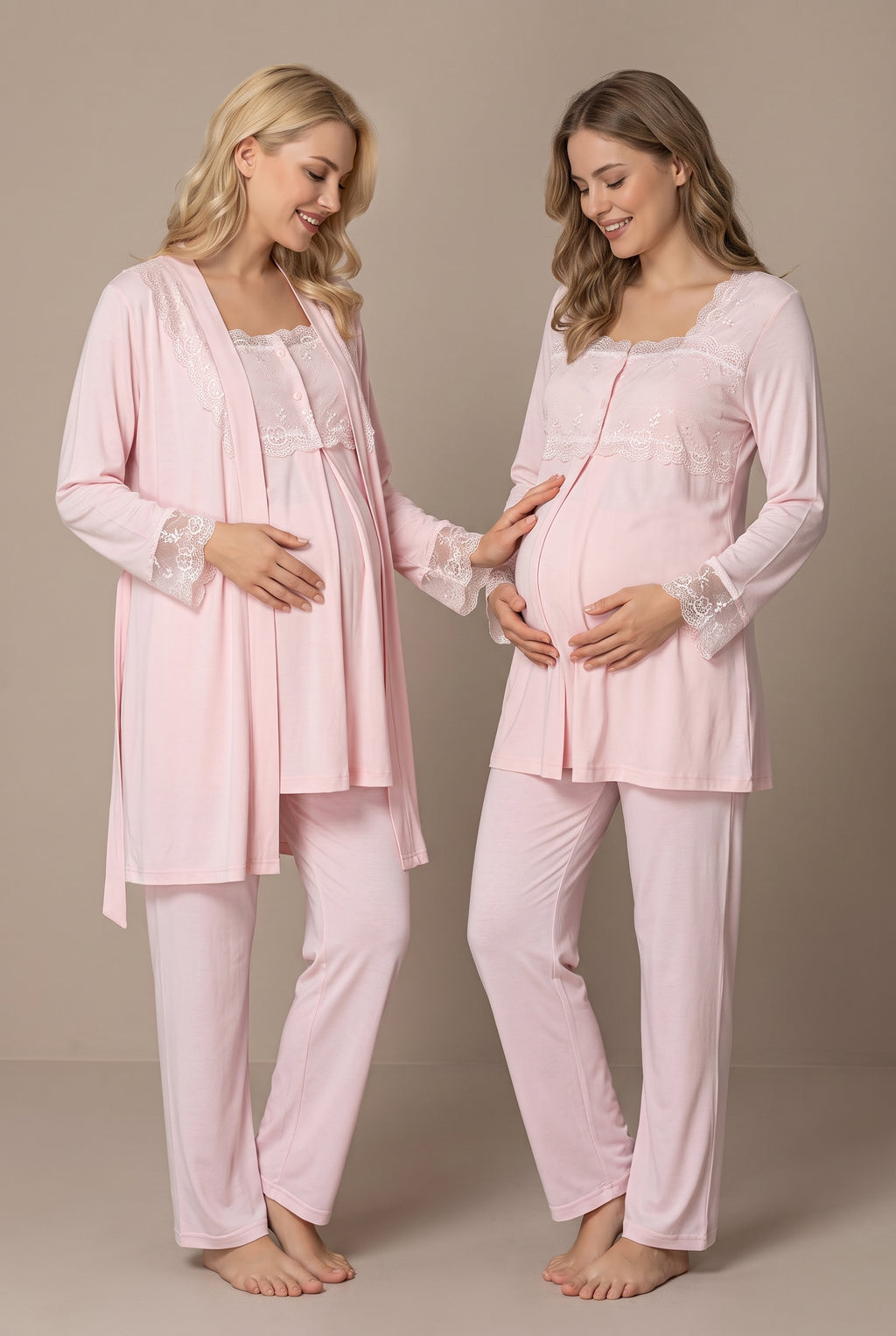 Şık Tasarım Dantel Detaylı Ayarlanabilir Bel Özellikli Pamuklu Lohusa Hamile Sabahlıklı Pijama Takımı 02401
