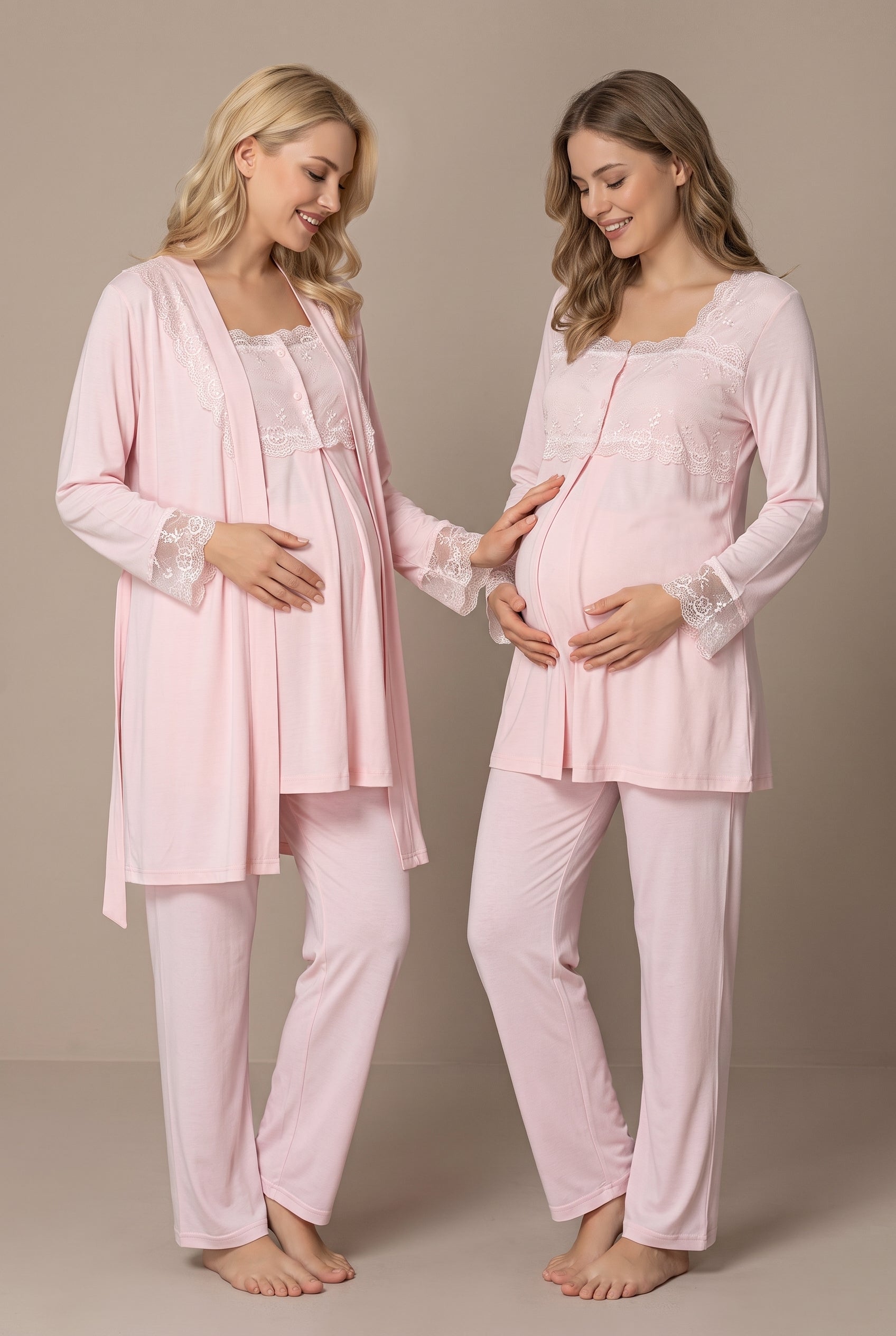 Şık Tasarım Dantel Detaylı Ayarlanabilir Bel Özellikli Pamuklu Lohusa Hamile Sabahlıklı Pijama Takımı 02401
