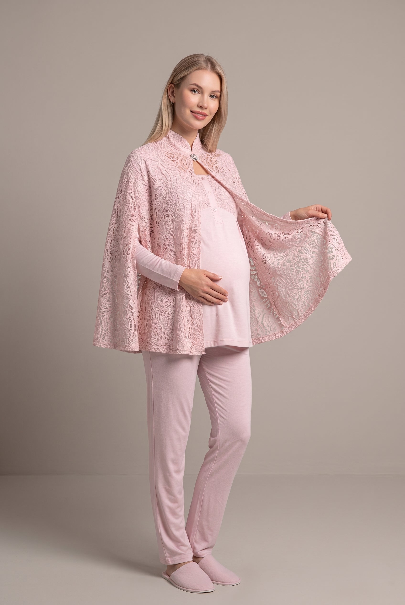 Şık Tasarım Dantel Sabahlıklı Ayarlanabilir Bel Özellikli Pamuklu Lohusa Hamile Sabahlıklı Pijama Takımı 06402