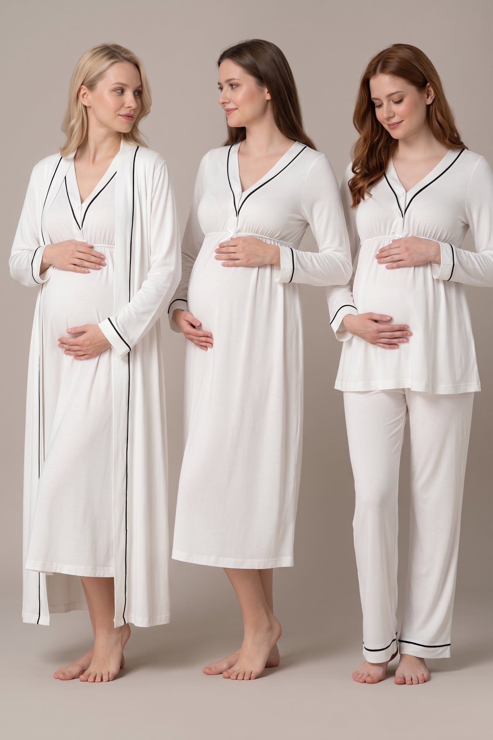 Şık Tasarım Biyeli Emzirme Kolaylıgı Saglayan Ayarlanabilir Bel Özellikli Pamuklu Lohusa Hamile Sabahlıklı Gecelik Pijama Seti 04056