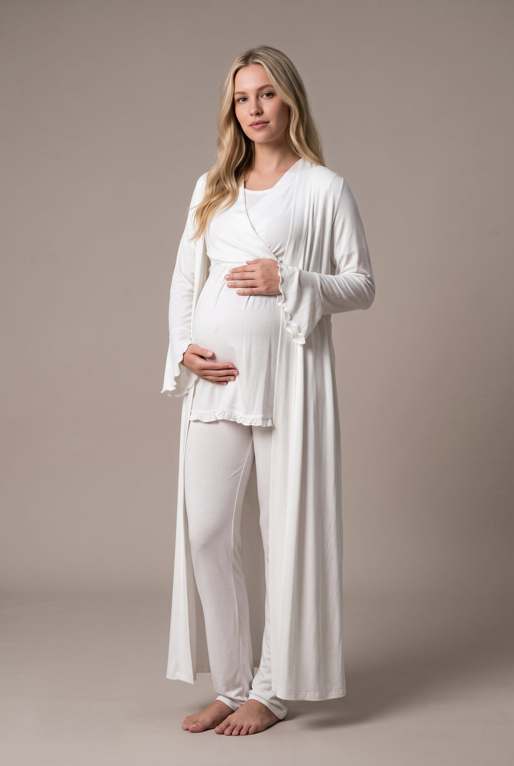 Şık Tasarım Kruvaze Yaka Ayarlanabilir Bel Özellikli Pamuklu Lohusa Hamile Sabahlıklı Pijama Seti 03034