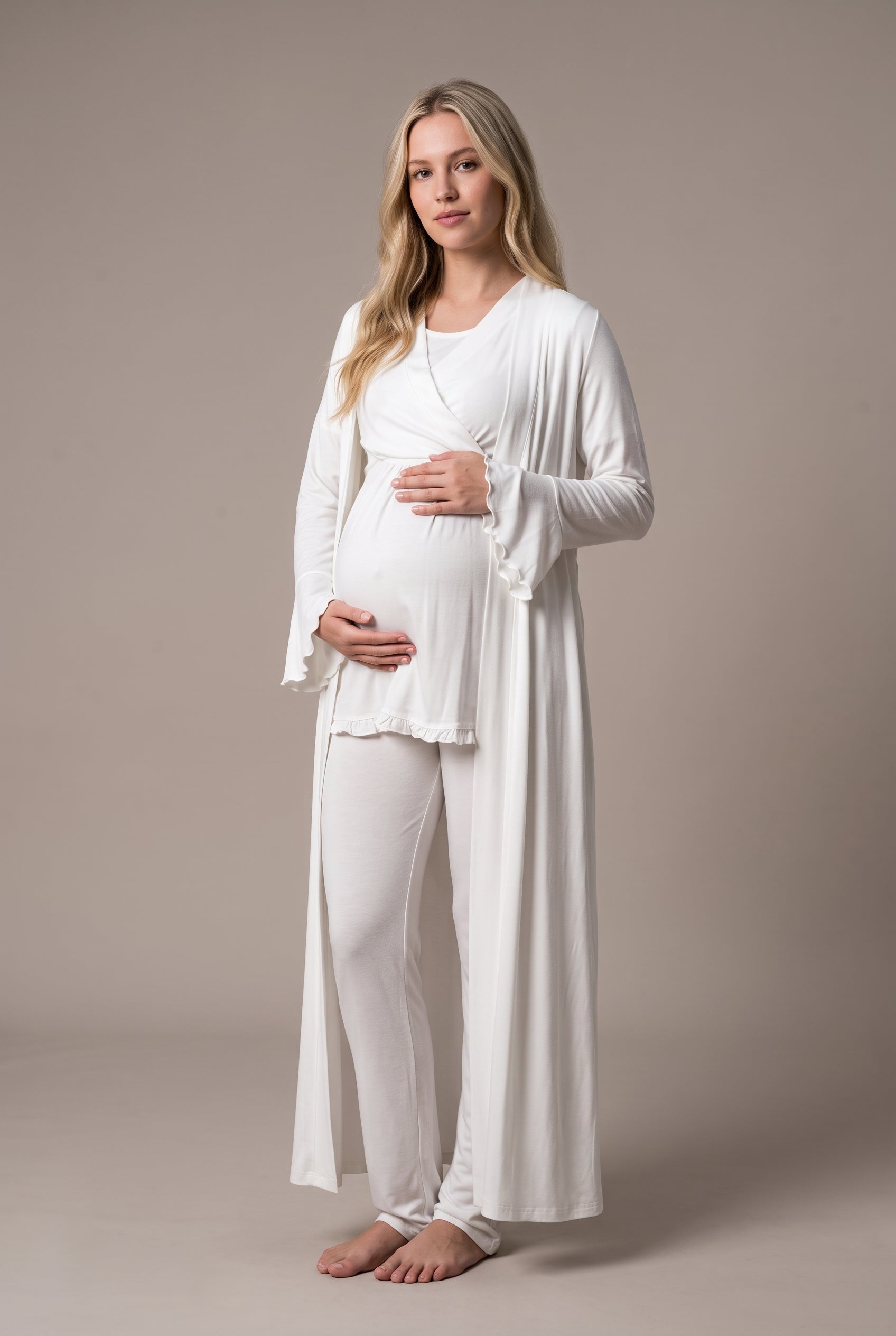 Şık Tasarım Kruvaze Yaka Ayarlanabilir Bel Özellikli Pamuklu Lohusa Hamile Sabahlıklı Pijama Seti 03034