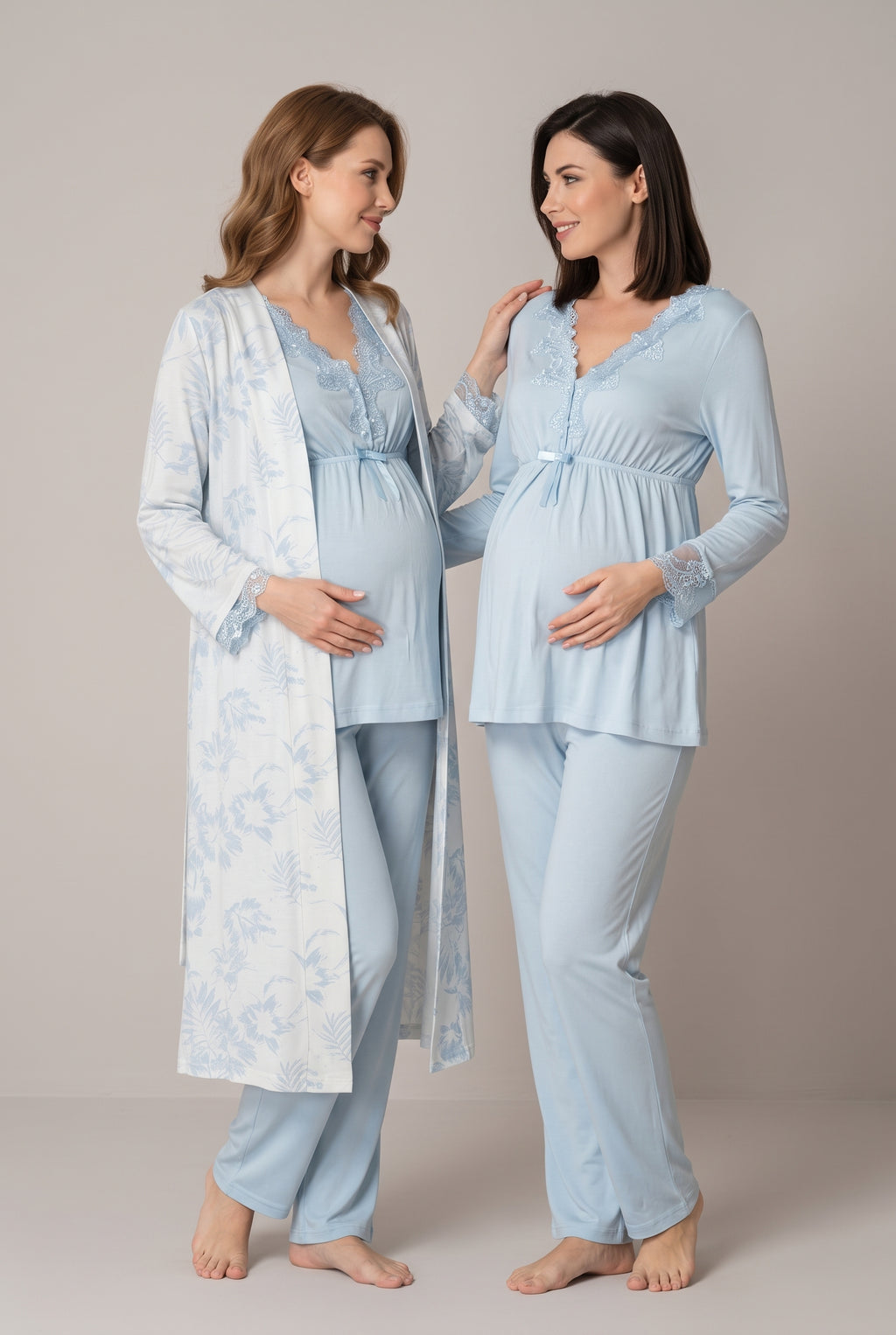 Şık Tasarım Desenli Dantel Detaylı Ayarlanabilir Bel Özellikli Emzirme Kolaylıgı Saglayan Lohusa Hamile Sabahlıklı Pijama Takımı 08094