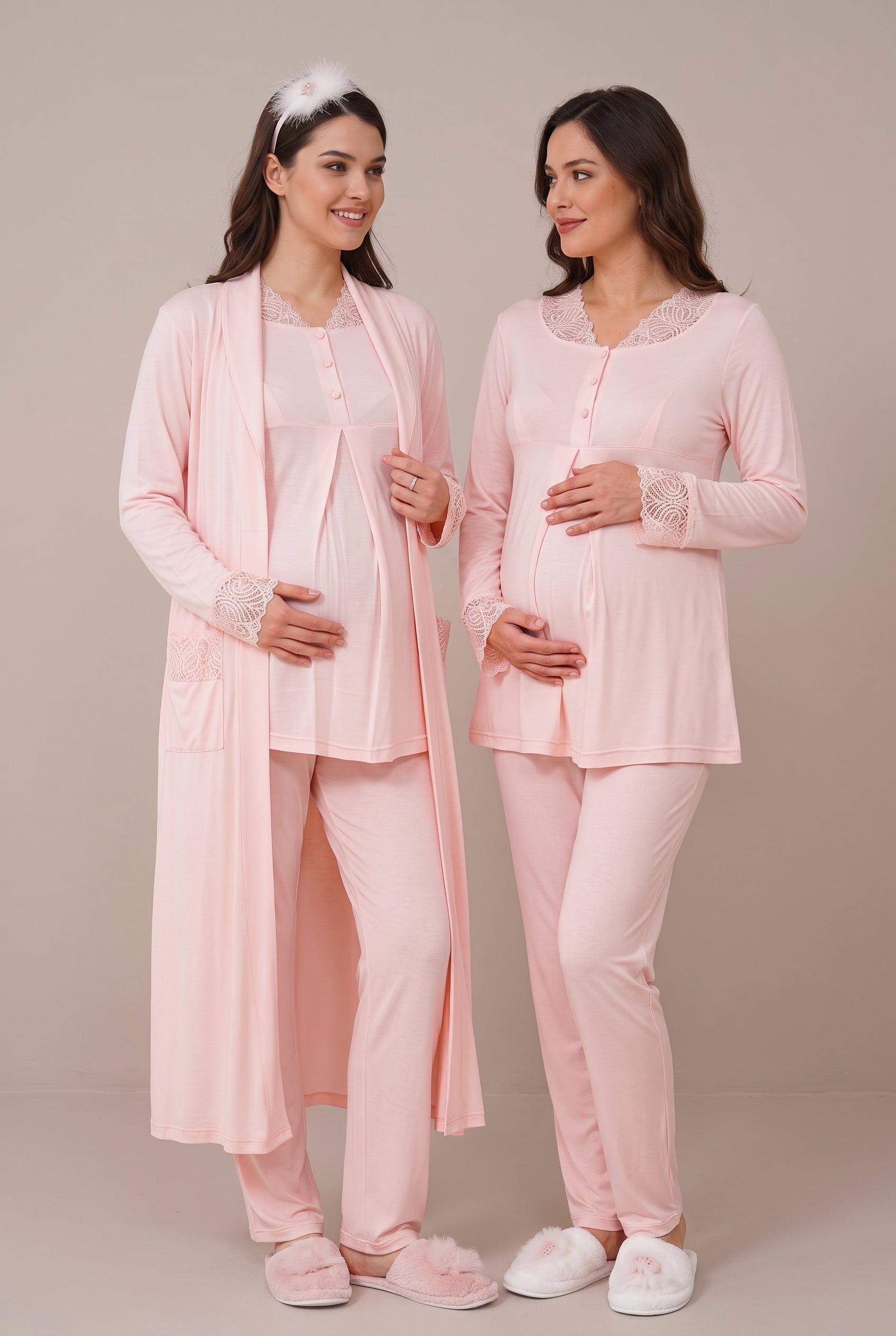 Şık Tasarım Dantel Detaylı Ayarlanabilir Bel Özellikli Pamuklu Emzirme Kolaylıgı Saglayan Lohusa Hamile Sabahlıklı Pijama Takımı 06330