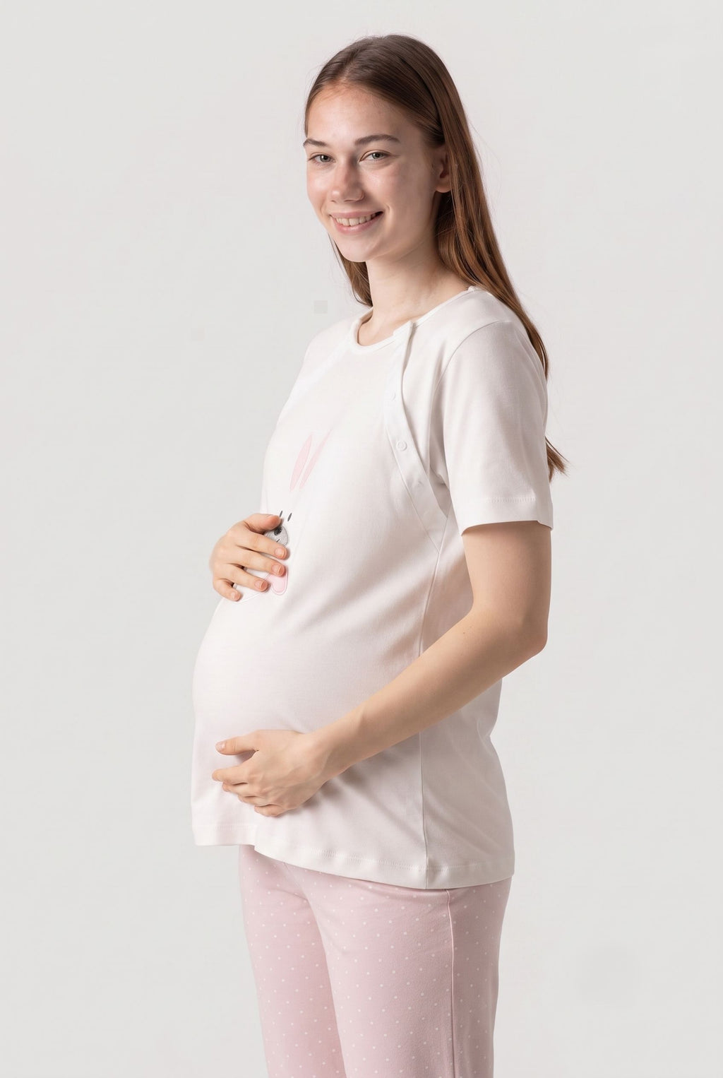Tavşan Desenli Ayarlabilir Bel Özellikli Emzirme Kolaylıgı Saglayan Lohusa Hamile Pijama Takımı 02074