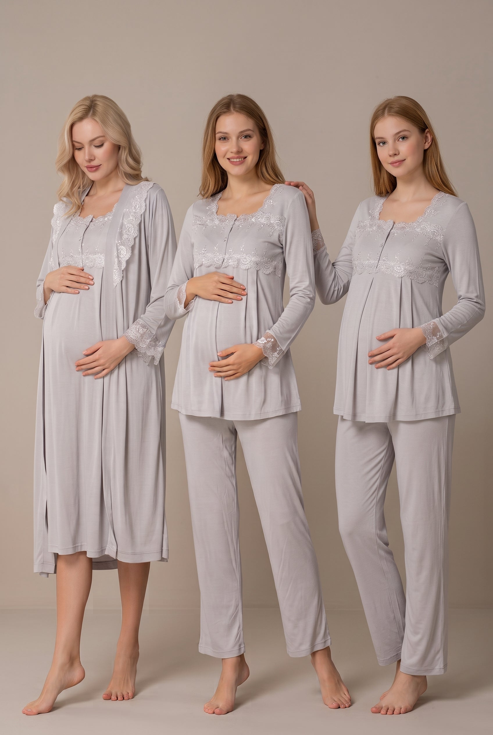 Şık Tasarım Dantel Detaylı Ayarlanabilir Bel Özellikli Emzirme Kolaylıgı Saglayan Pamuklu Lohusa Hamile Sabahlıklı Gecelik Pijama Seti 02405
