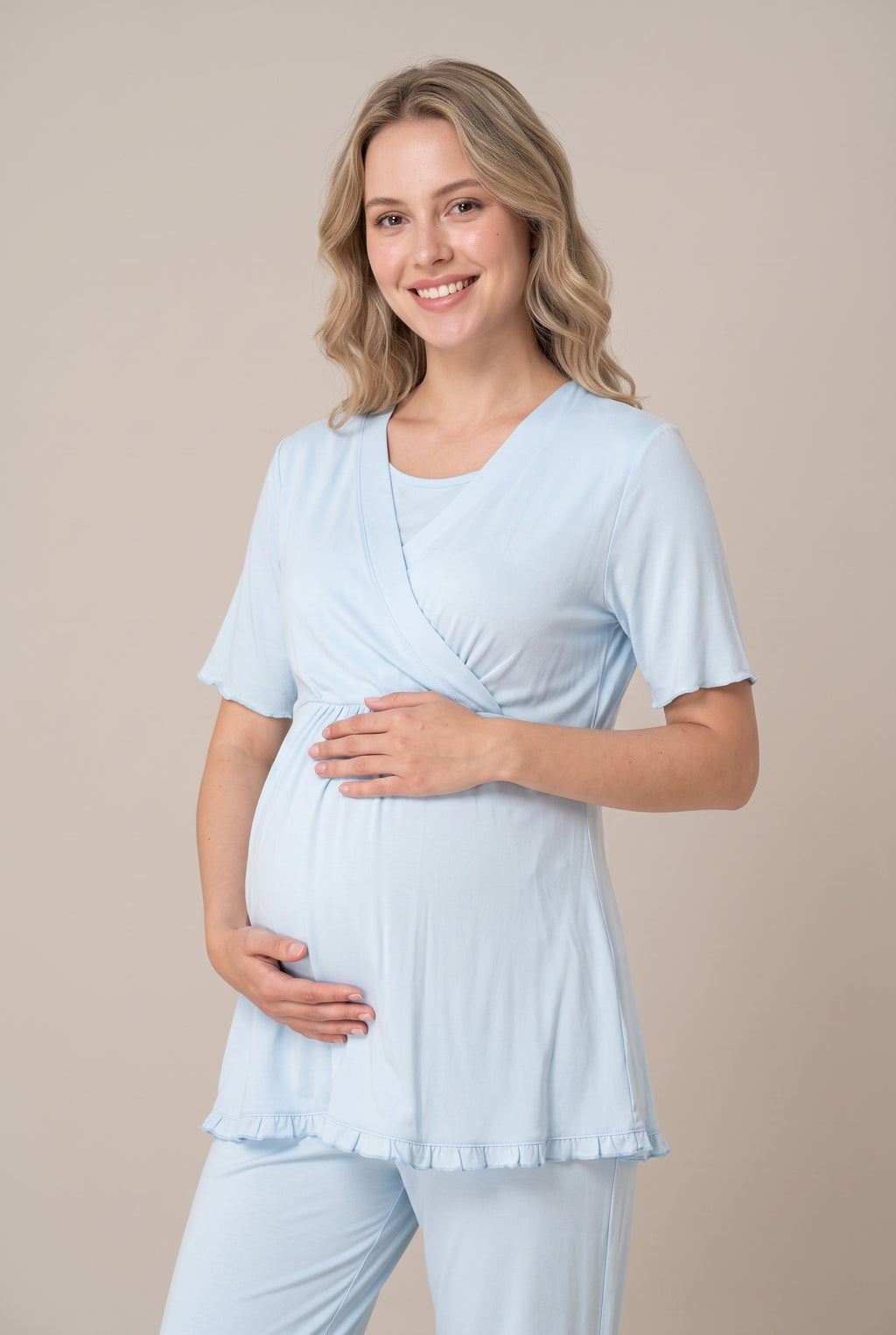 Şık Tasarım Kruvaze Yaka Ayarlanabilir Bel Özellikli Pamuklu Lohusa Hamile Sabahlıklı Pijama Seti 03034