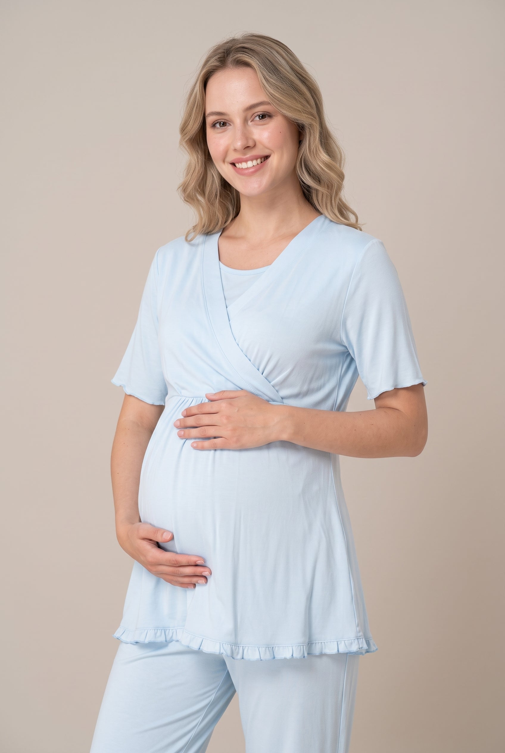 Şık Tasarım Kruvaze Yaka Ayarlanabilir Bel Özellikli Pamuklu Lohusa Hamile Sabahlıklı Pijama Seti 03034