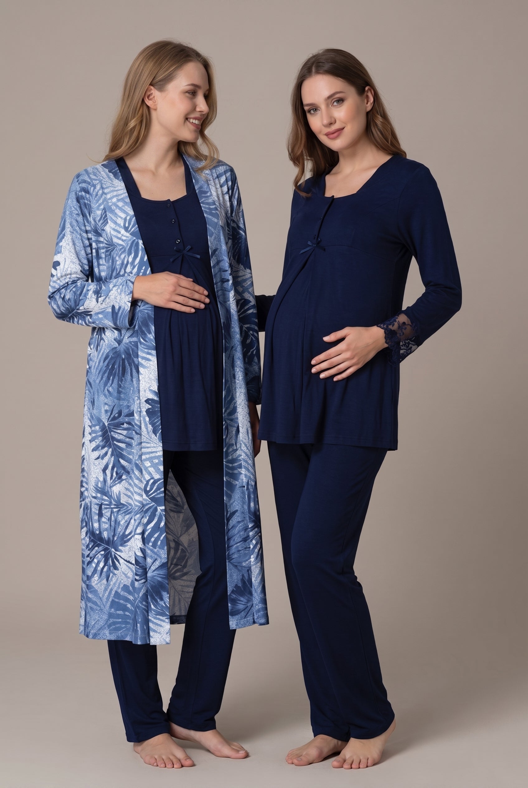 Şık Tasarım Desenli Dantel Detaylı Emzirme Kolaylıgı Saglayan Ayarlanabilir Bel Özellikli Pamuklu Lohusa Hamile Sabahlıklı Pijama Takımı 09044