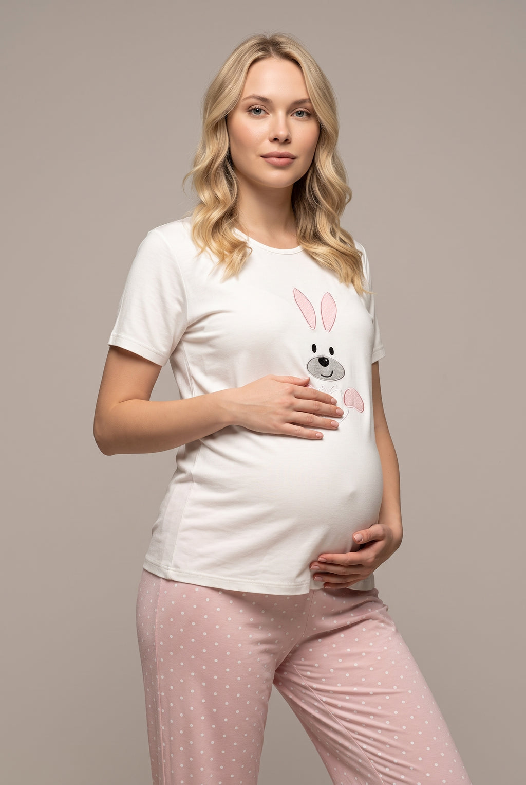 Şık Tasarım Tavşan Desenli Ayarlanabilir Bel Özellikli Pamuklu Lohusa Hamile Sabahlıklı Pijama Seti 02070