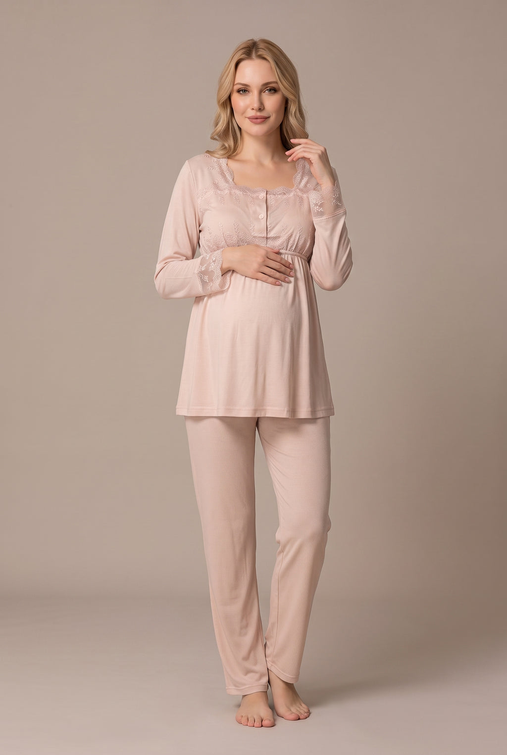 Şık Tasarım Dantel Detaylı Ayarlanabilir Bel Özellikli Pamuklu Lohusa Hamile Sabahlıklı Pijama Takımı 02401