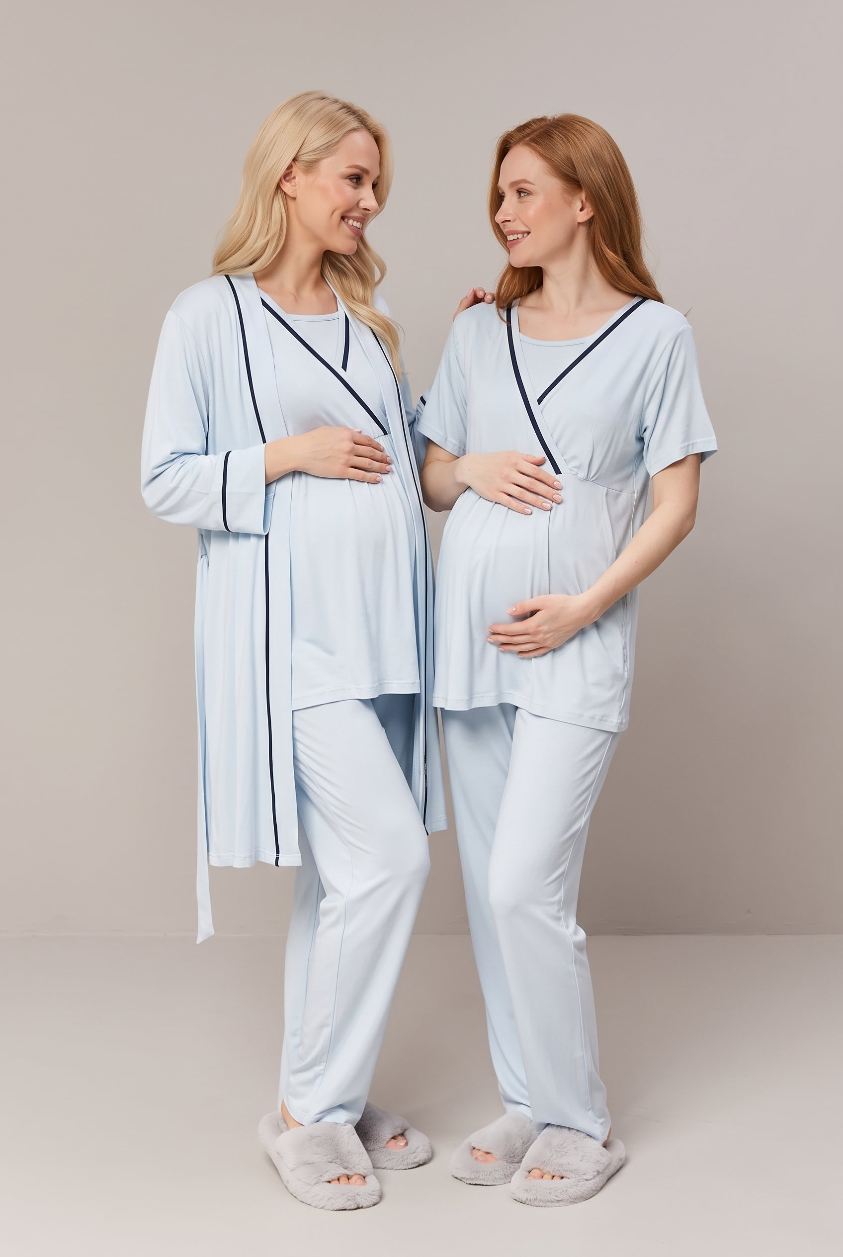 Şık Tasarım Kruvaze Yaka Ayarnabilir Bel Özellikli Pamuklu Lohusa Hamile Sabahlıklı Pijama Seti 0808