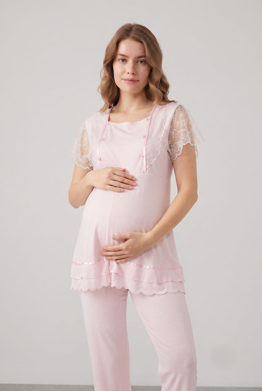 Şık Tasarım Dantelli Ayarlanabilir Bel Özellikli Emzirme Kolaylıgı Saglayan Pamuklu Lohusa Hamile Pijama Takımı 02051
