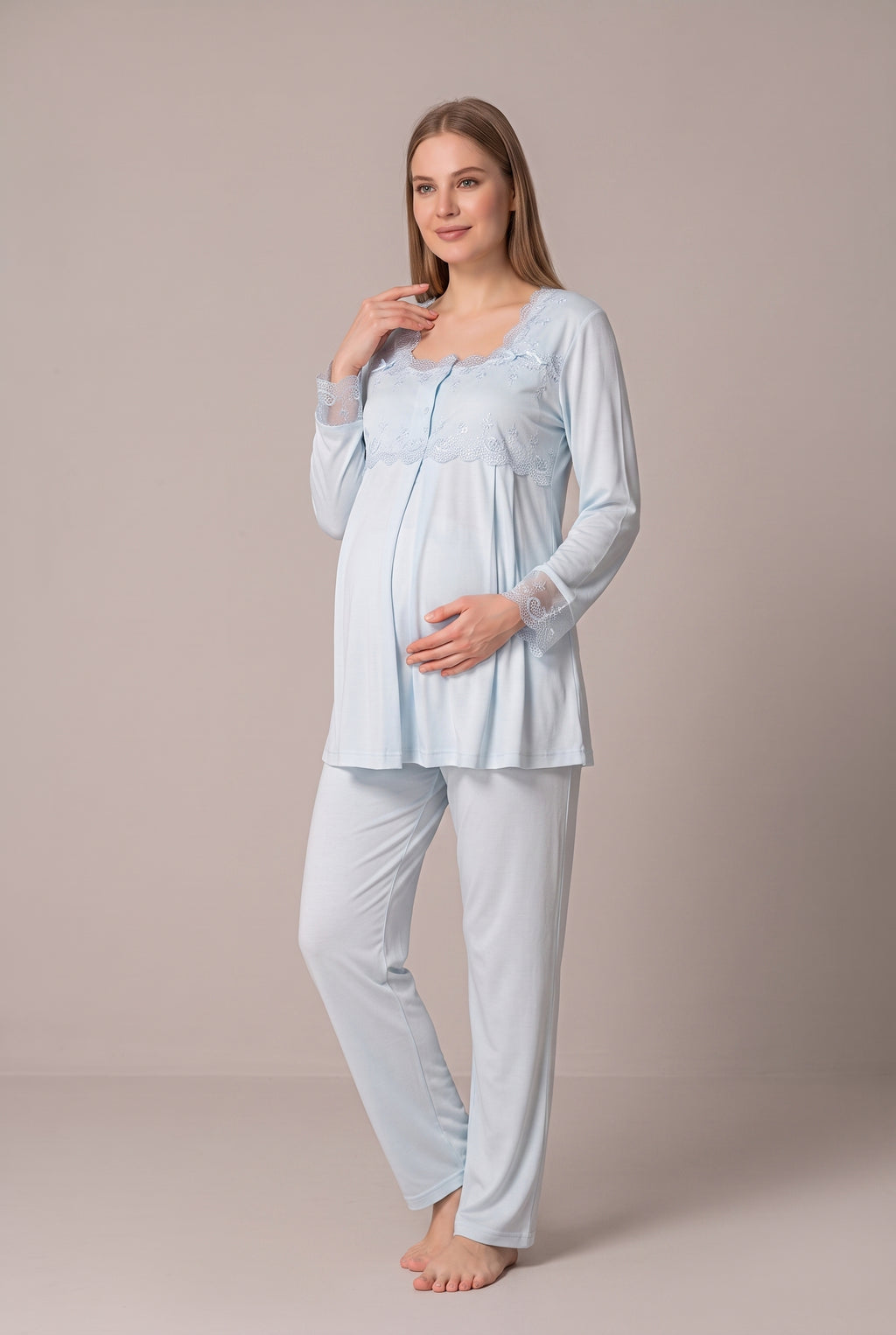 Şık Tasarım Dantel Detaylı Ayarlanabilir Bel Özellikli Pamuklu Lohusa Hamile Sabahlıklı Pijama Takımı 02401