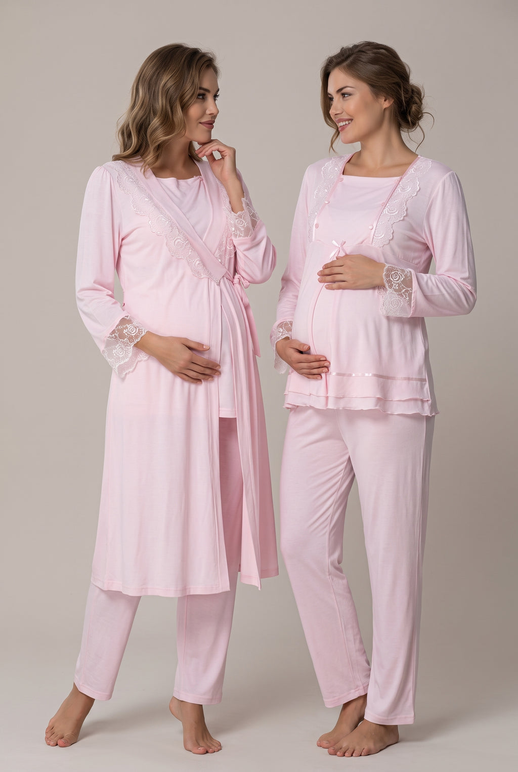 Şık Tasarım Dantel Detaylı Emzirme Kolaylıgı Saglayan Ayarlanabilir Bel Özellikli Pamuklu Lohusa Hamile Sabahlıklı Pijama Takımı 02018
