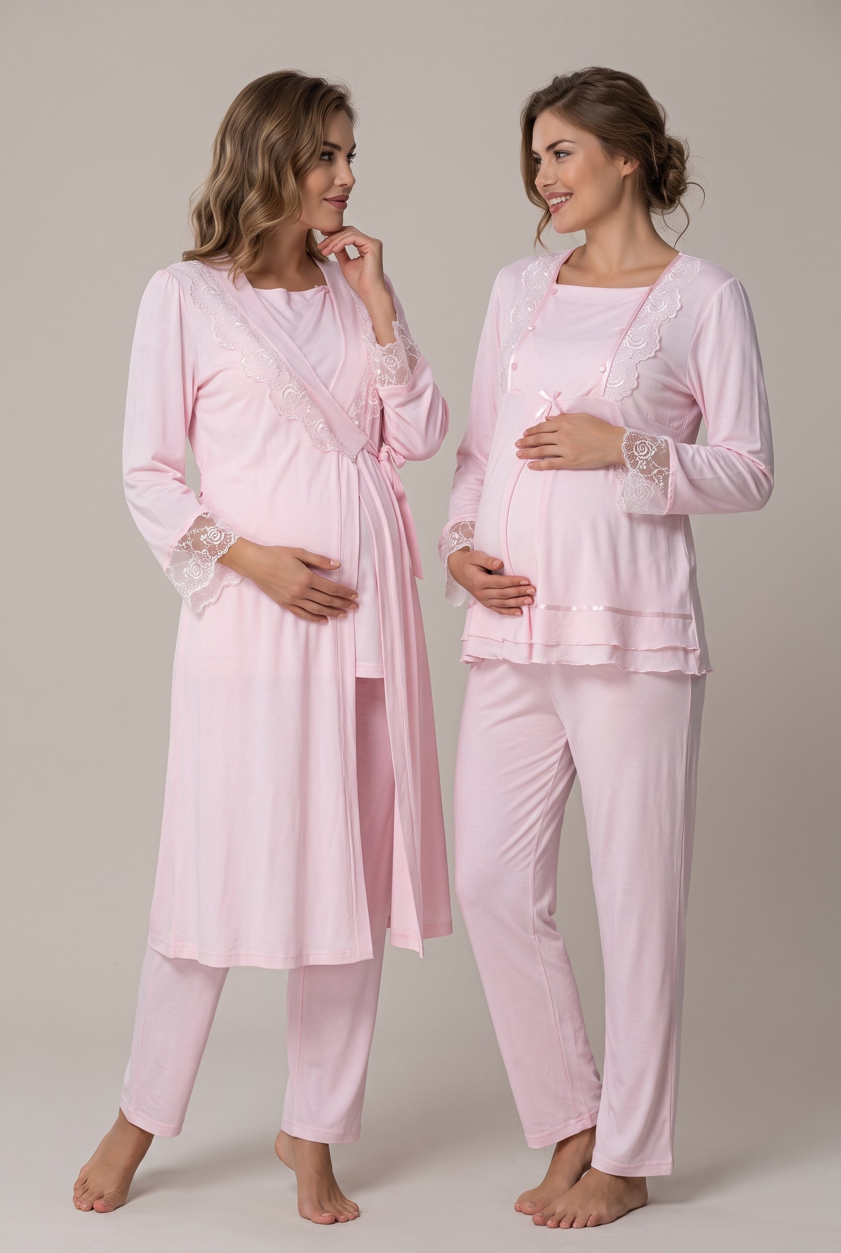 Şık Tasarım Dantel Detaylı Emzirme Kolaylıgı Saglayan Ayarlanabilir Bel Özellikli Pamuklu Lohusa Hamile Sabahlıklı Pijama Takımı 02018